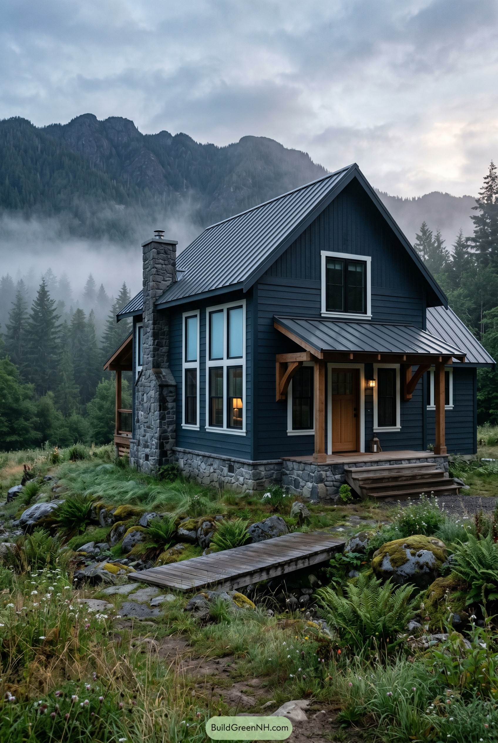 Deep blue mountain cottage with stone chimney