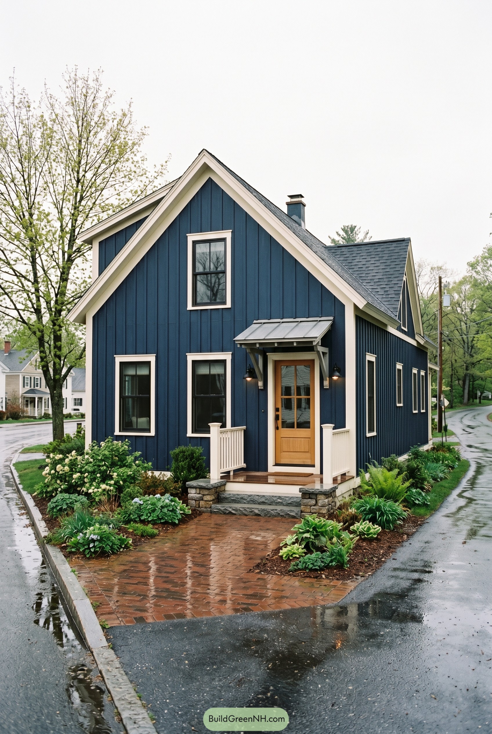 Deep blue modern cottage with white trim