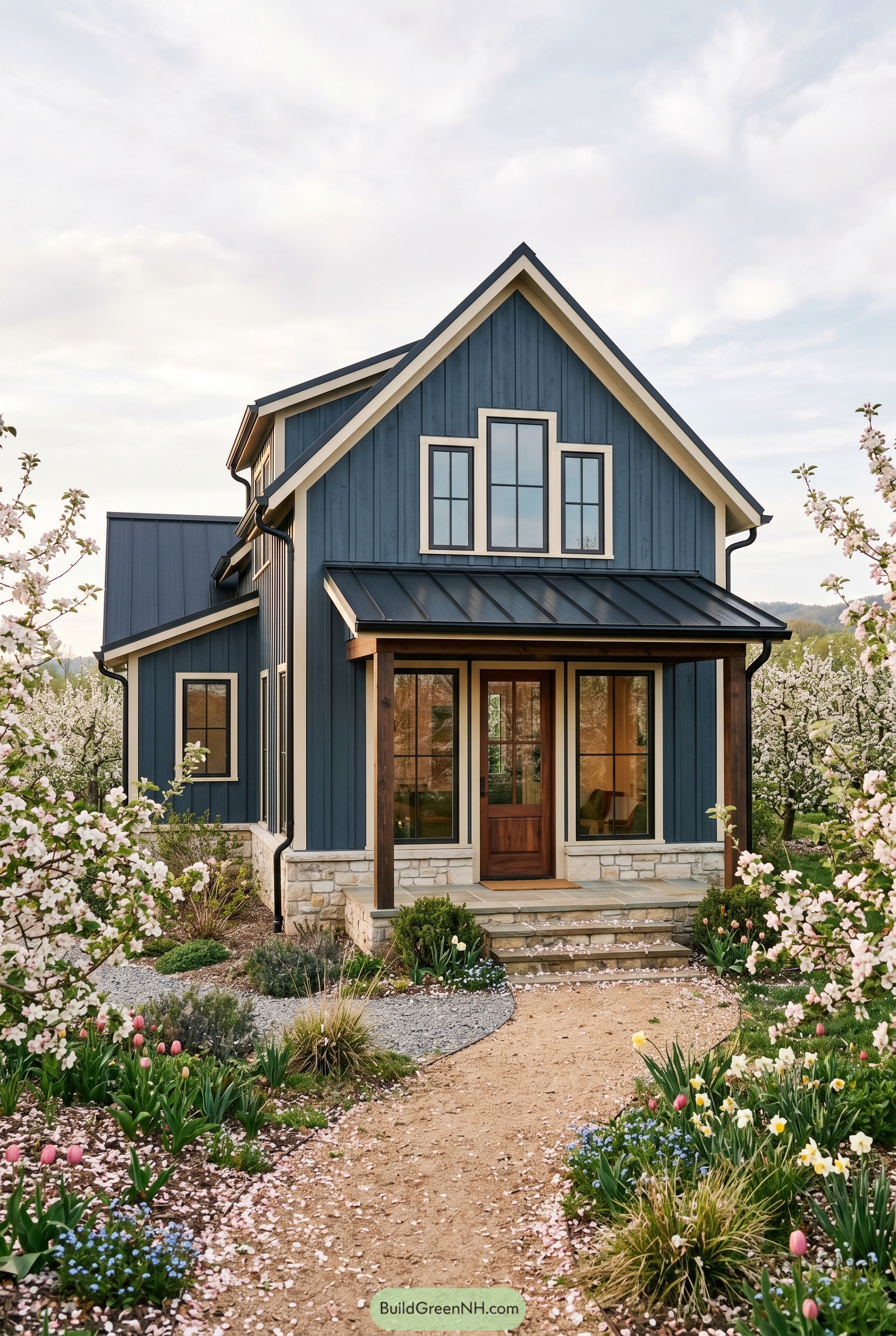 Deep blue cottage in blooming orchard