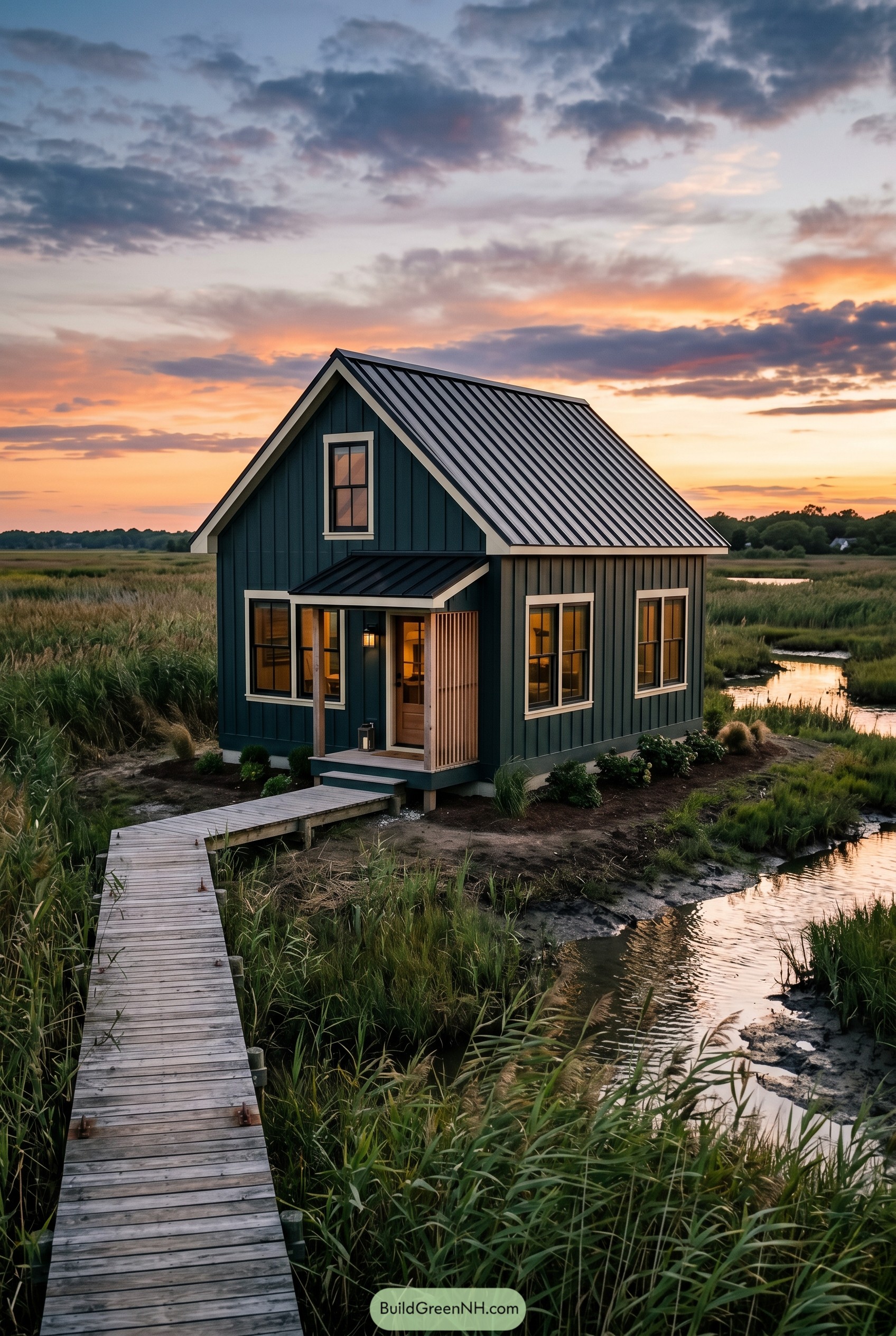 Deep blue cottage on a marsh boardwalk