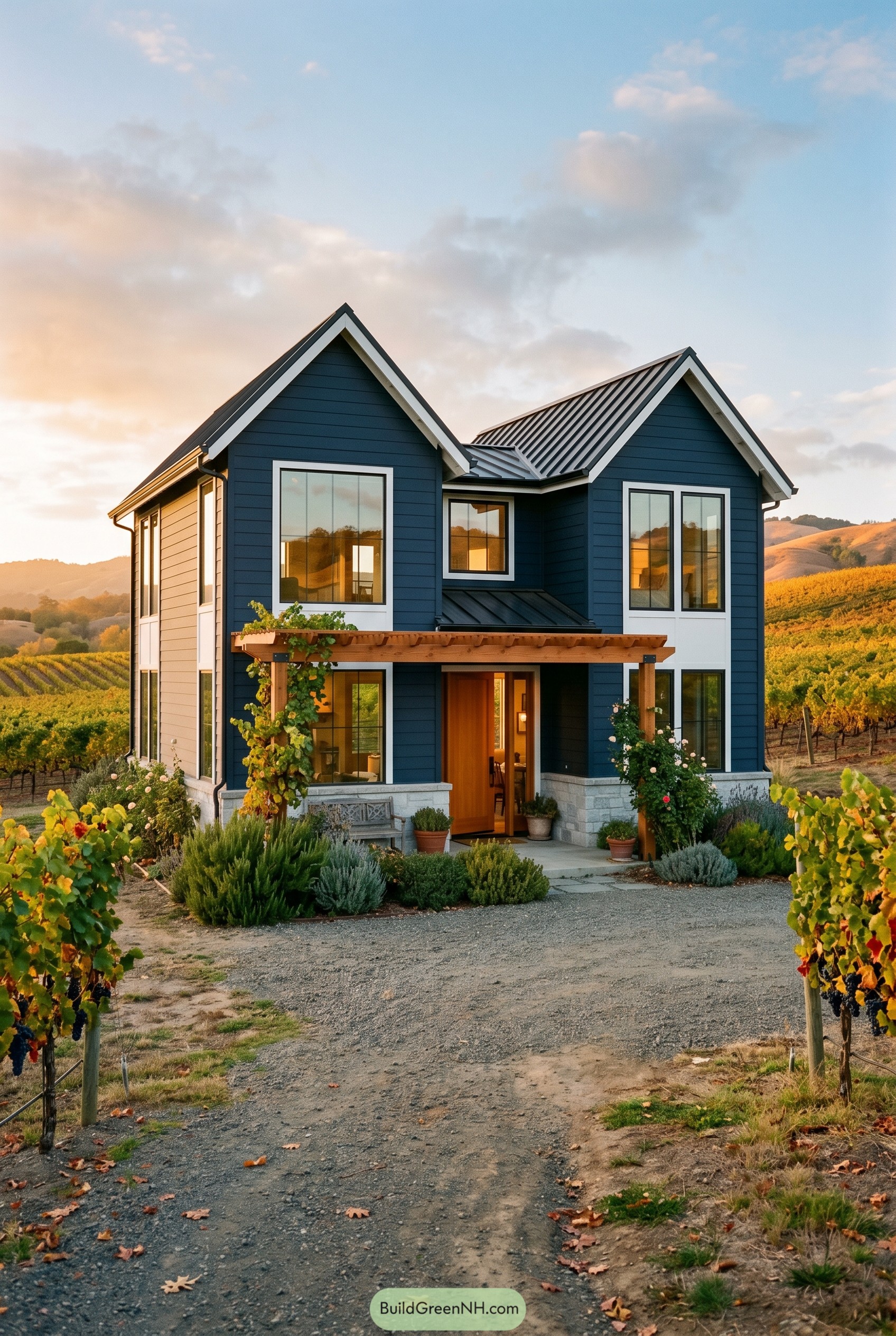 Deep blue cottage among vineyard rows