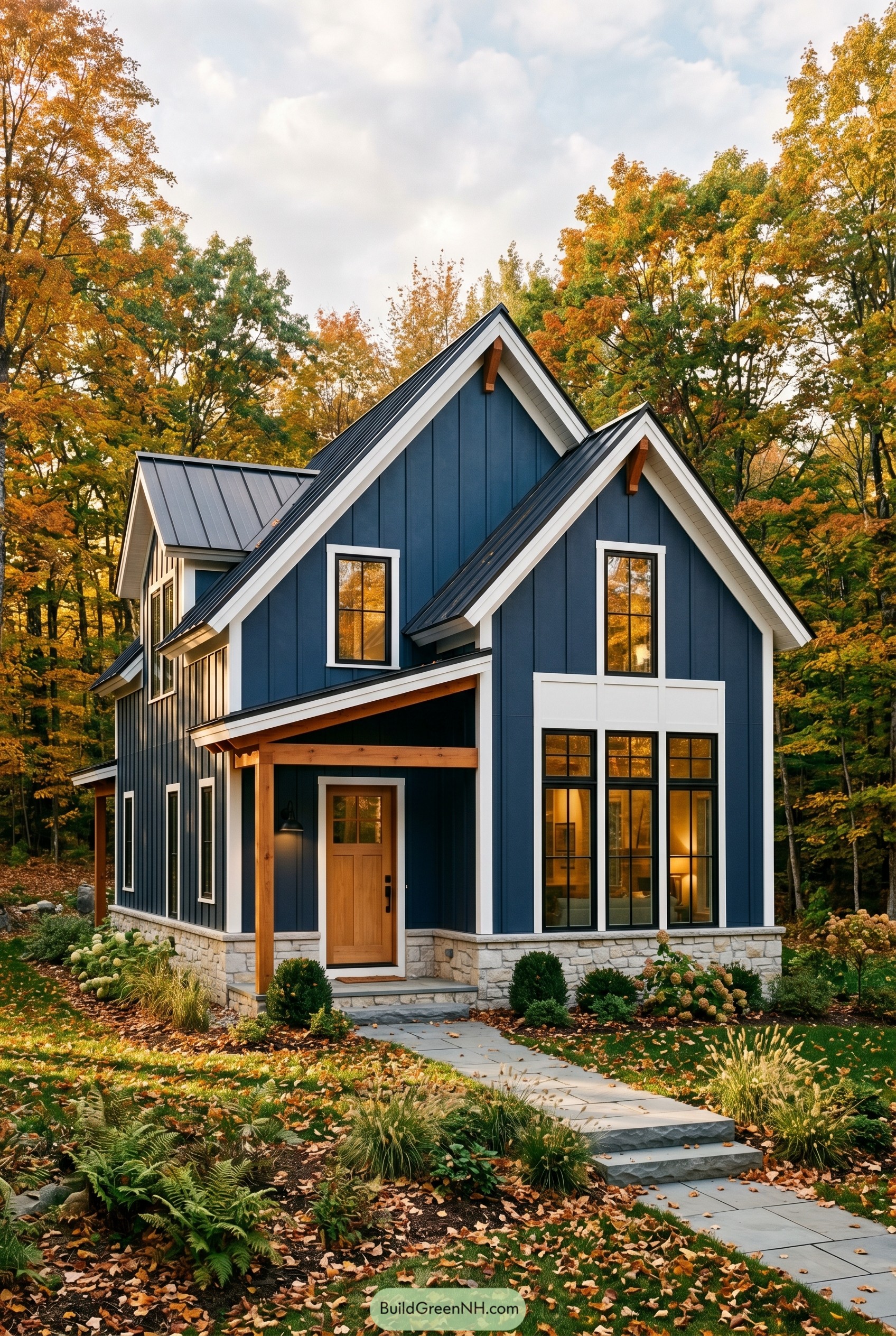 Deep blue modern cottage with white trim