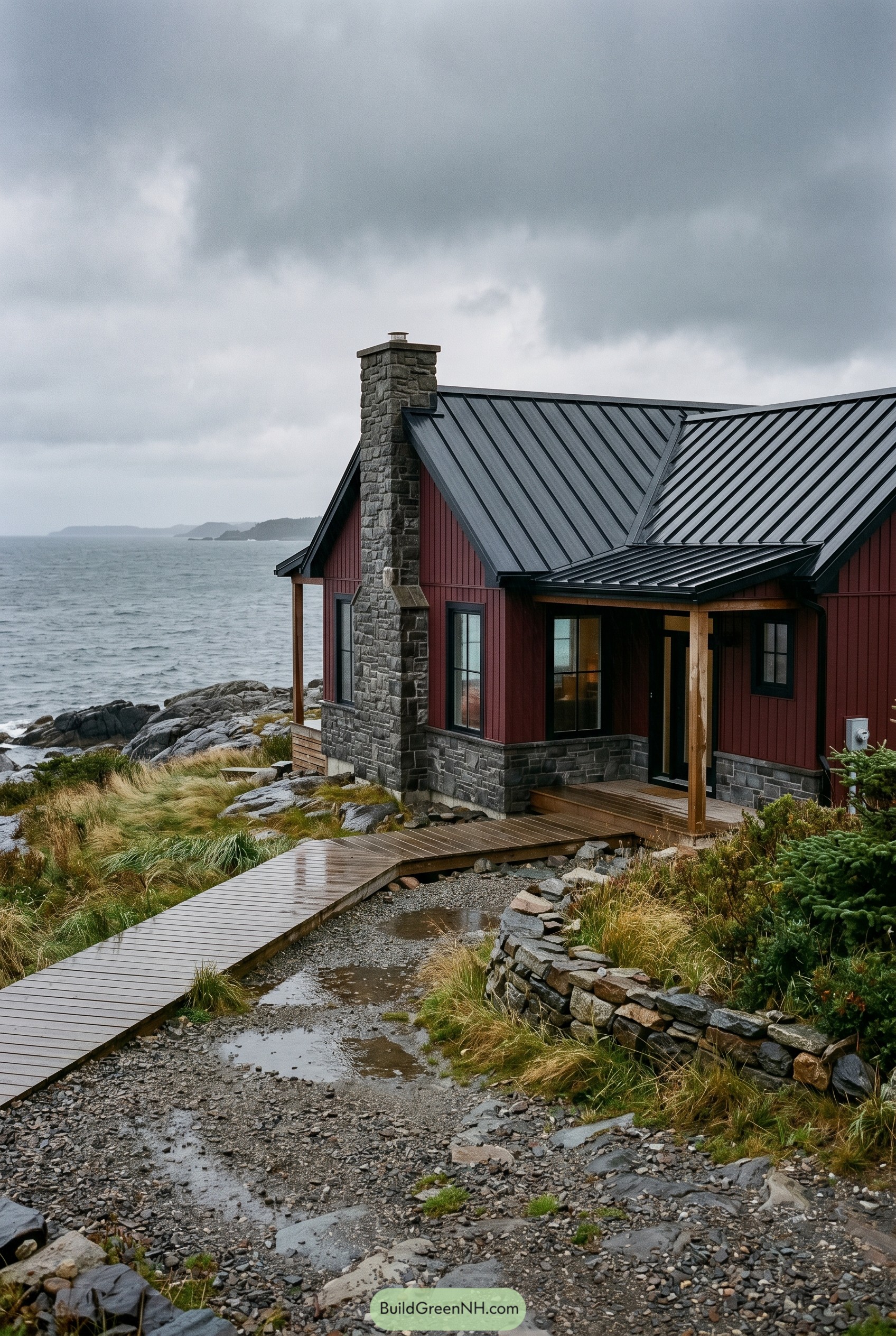 Deep red coastal cottage with stone chimney