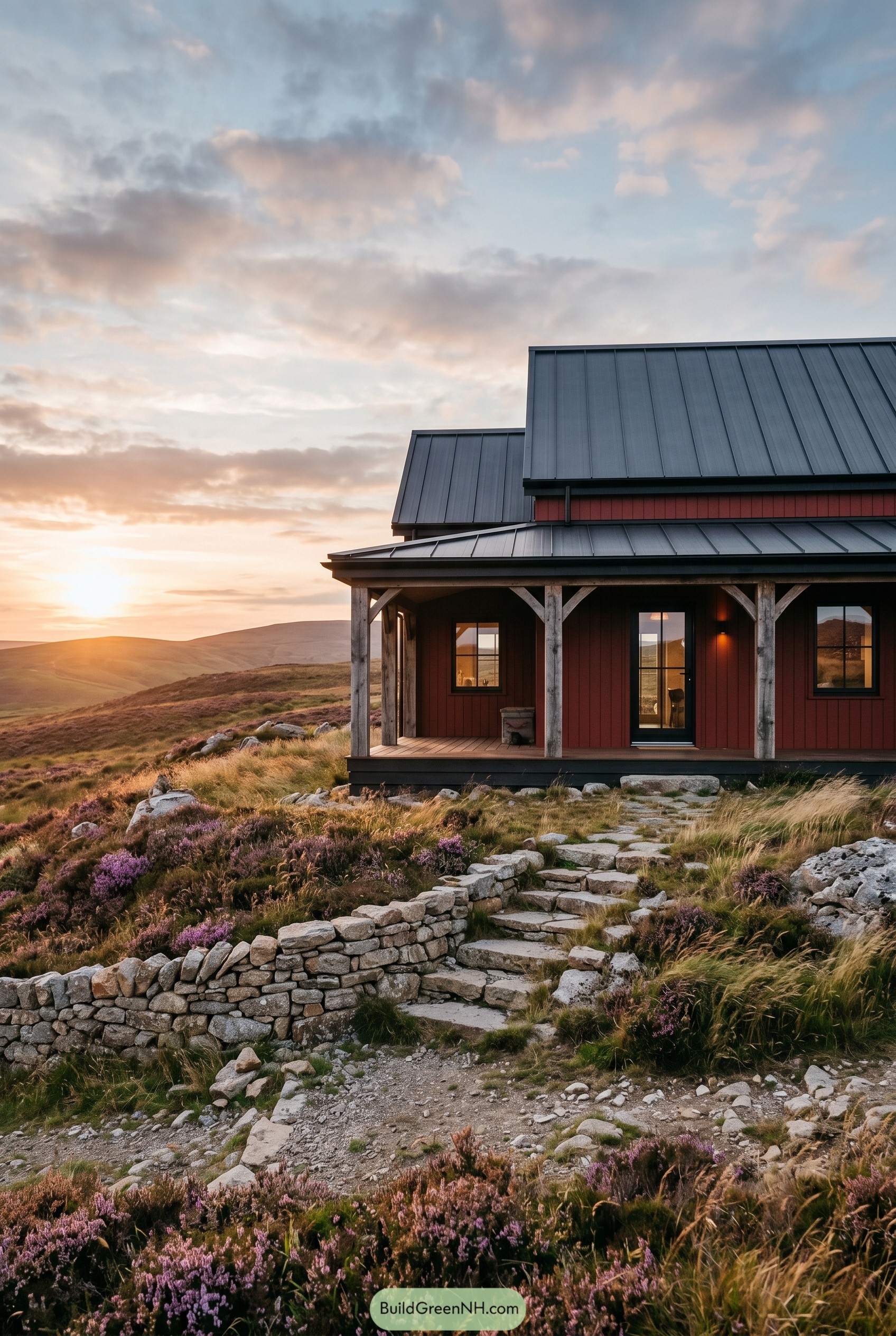 Deep red cottage on heather hillside