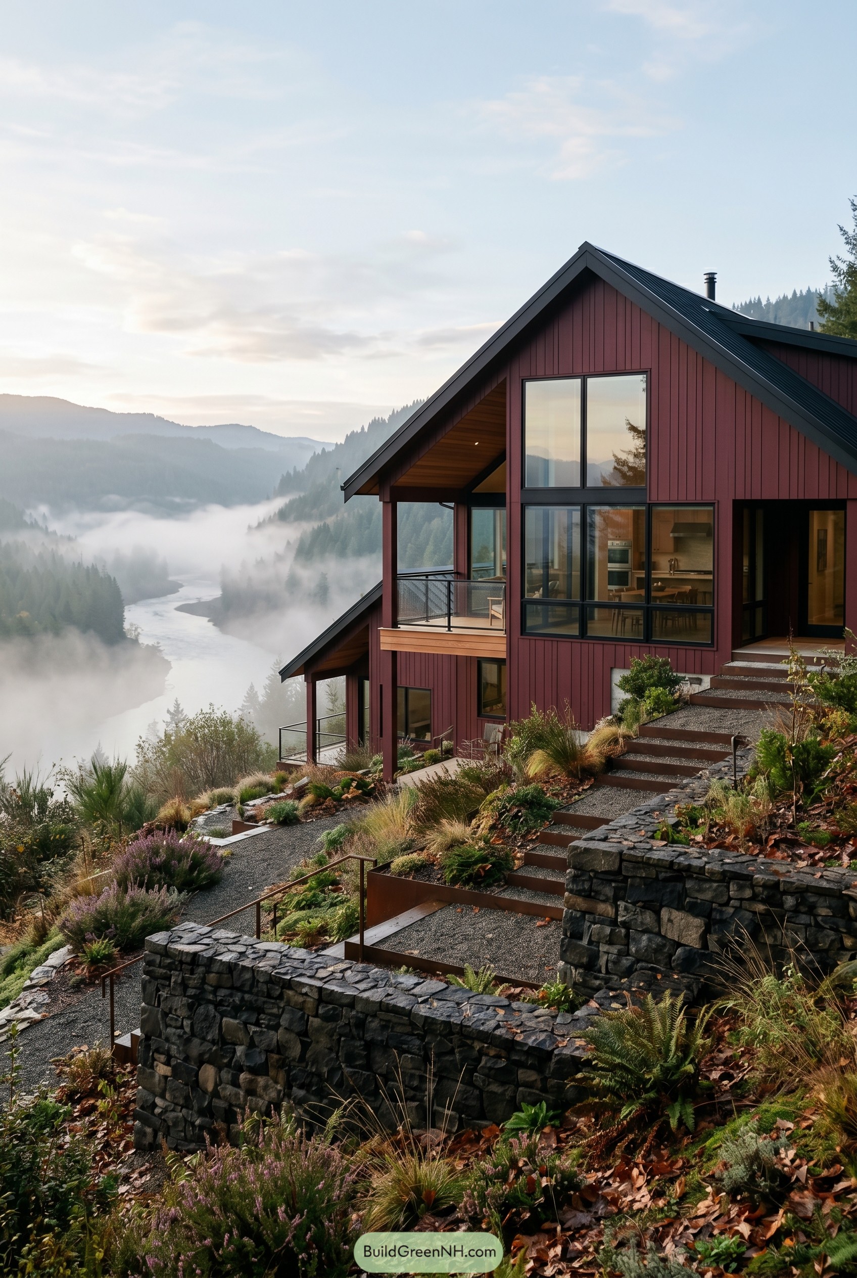 Deep red modern cottage on a misty hillside