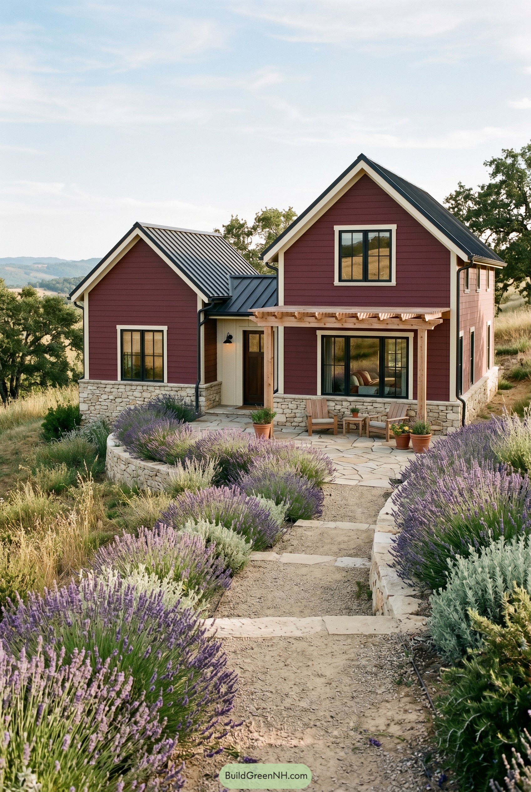Deep red cottage with lavender-lined path