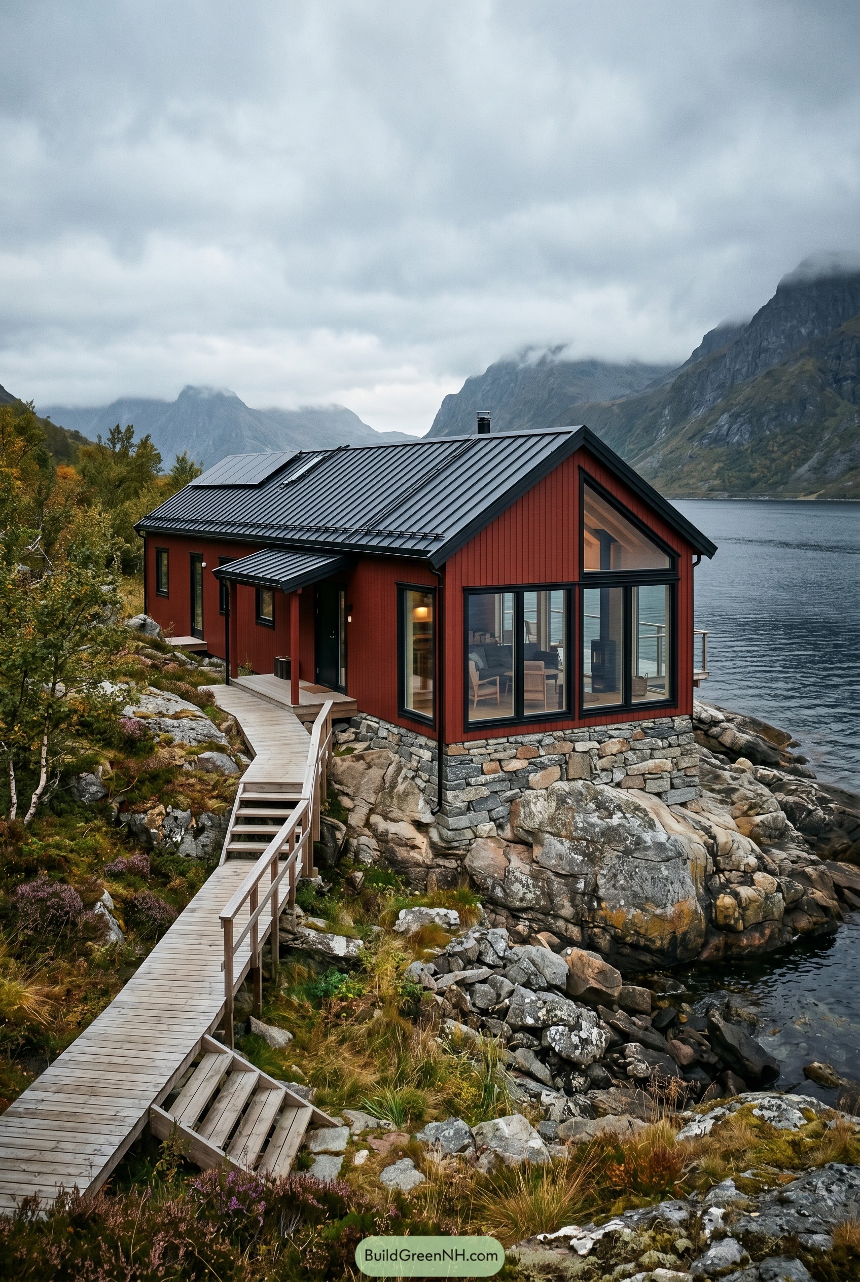 Deep red cottage on rocky fjord shore