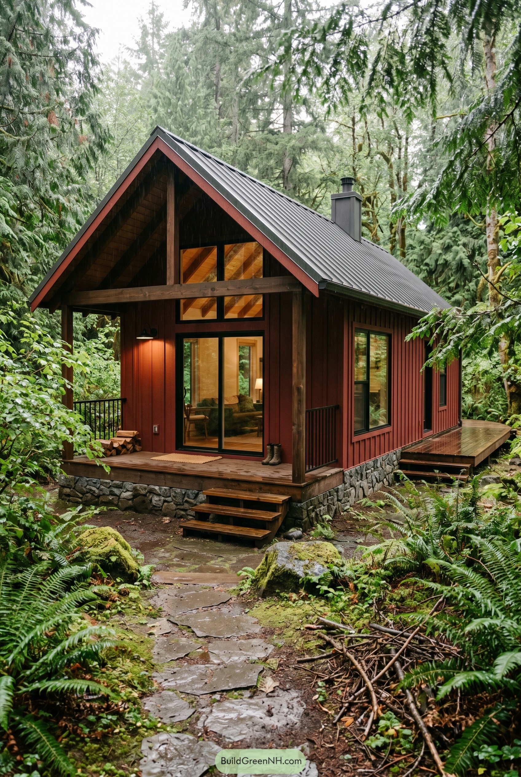 Deep red modern cottage in a lush forest