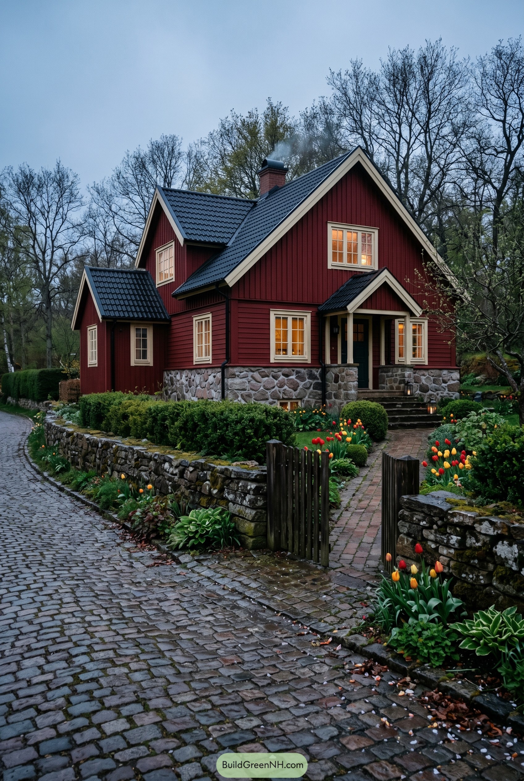 Deep red cottage by cobblestone lane