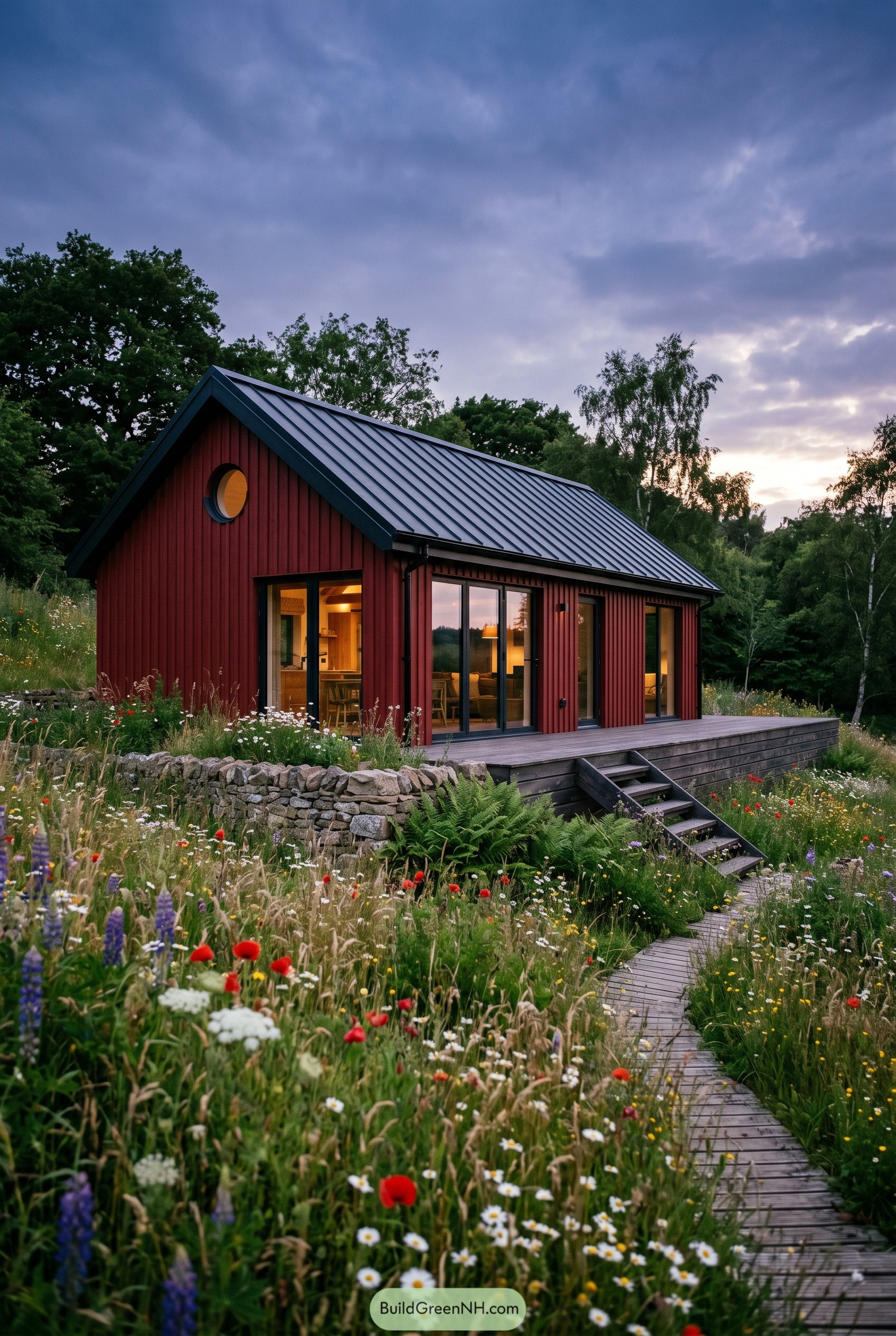 Deep red modern cottage in a wildflower meadow