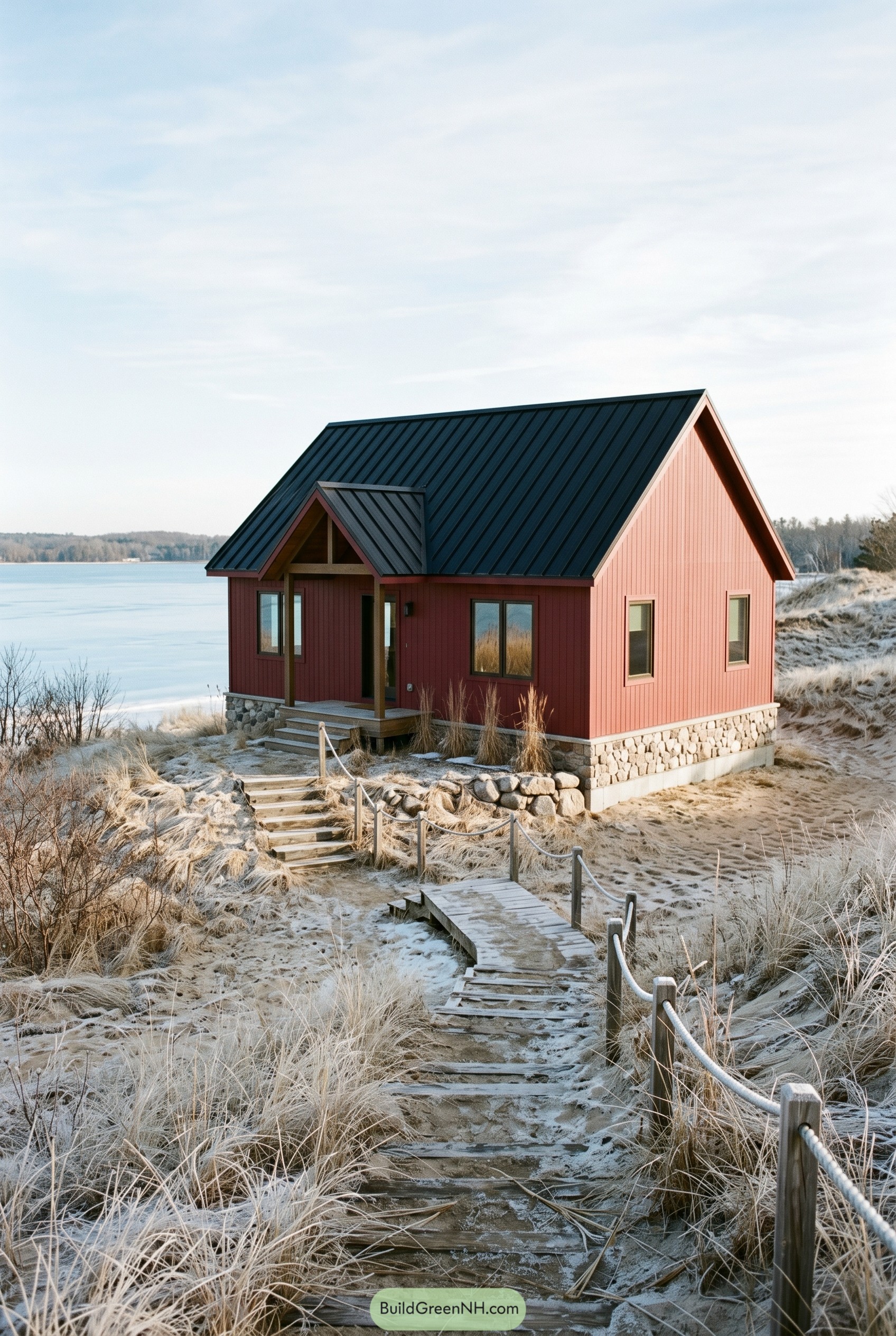 Deep red cottage on frosty lakeshore dunes
