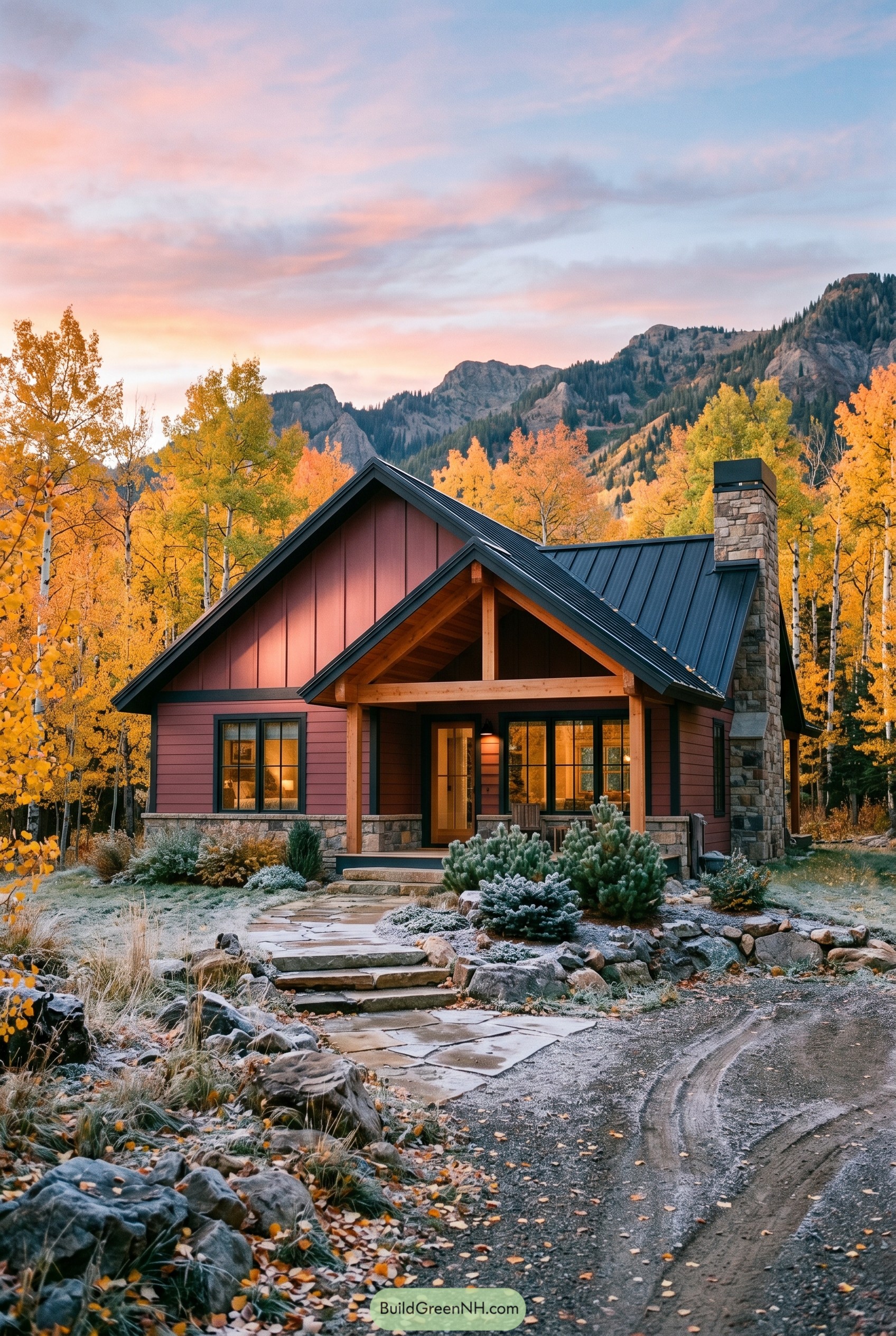 Deep red cottage with black roof in autumn aspens