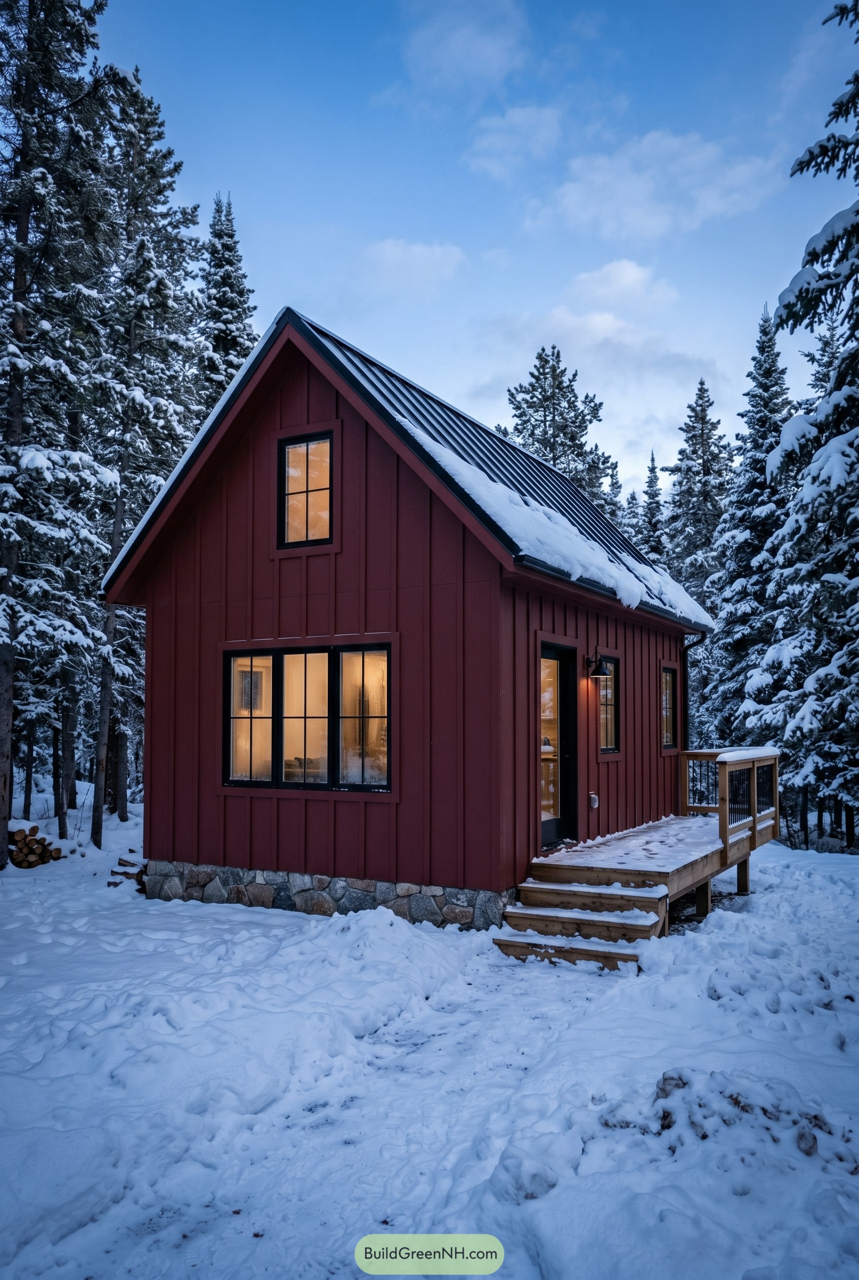 Deep red modern cottage in snowy pines