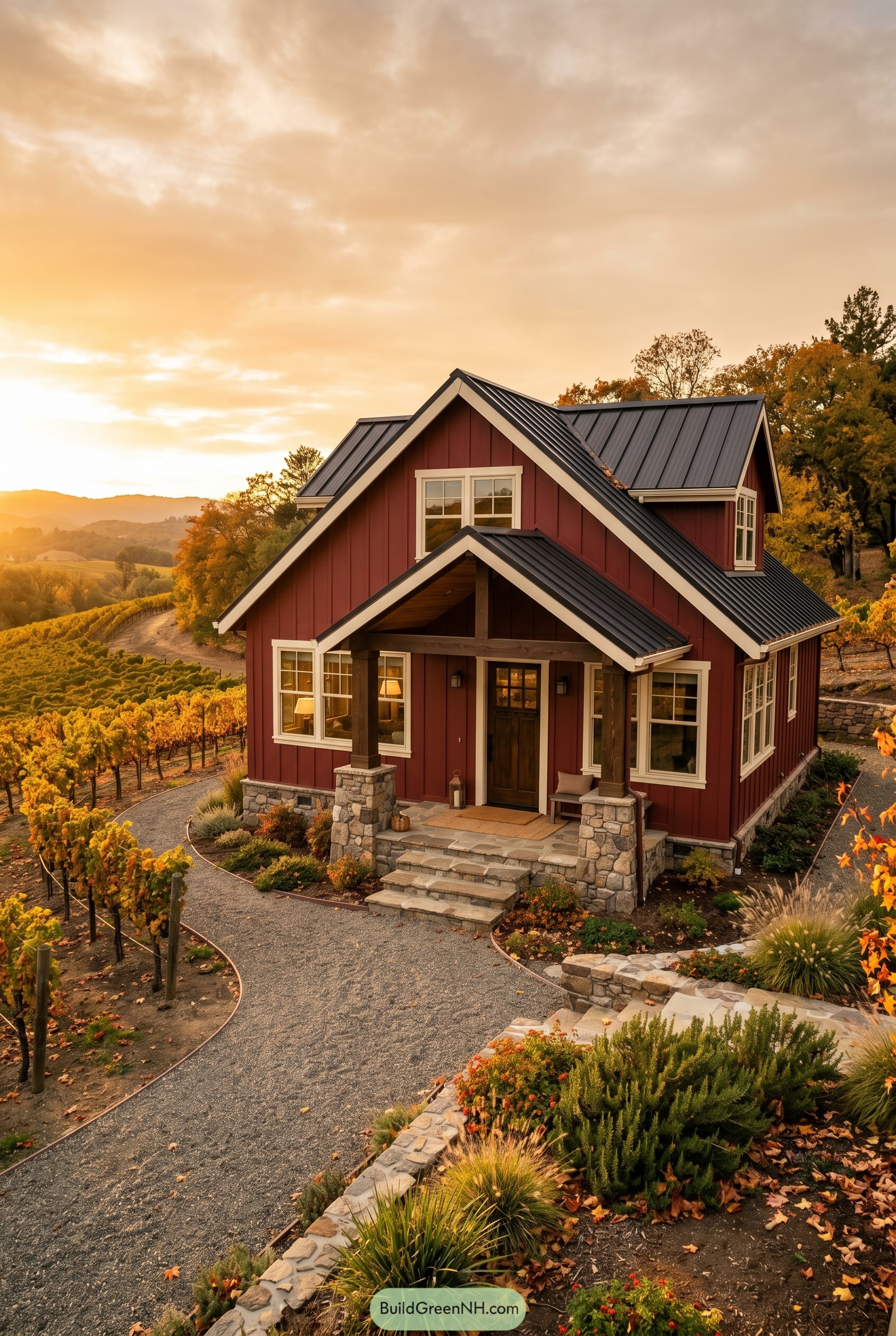 Deep red cottage beside vineyard at sunset