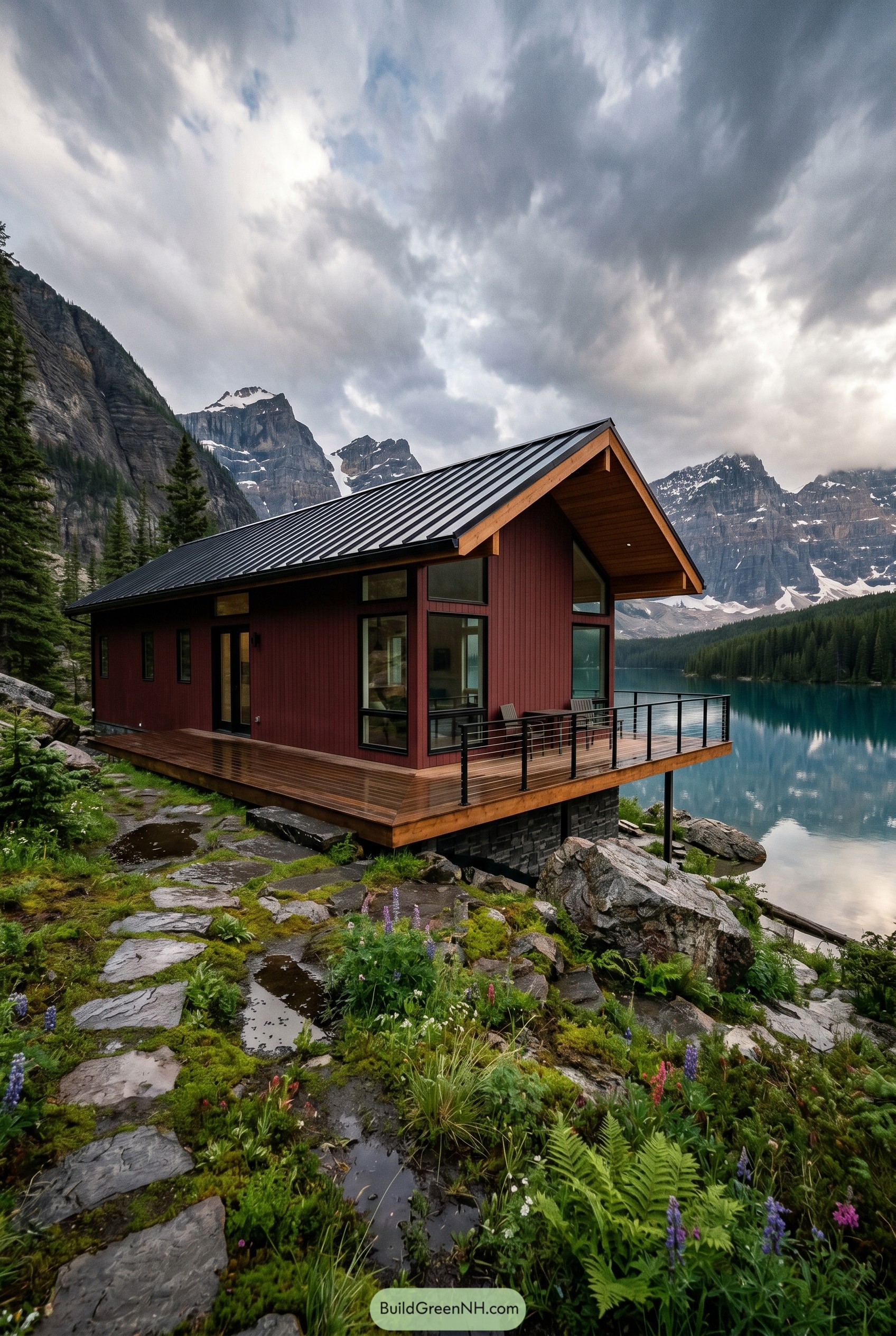 Deep red lakeside cottage beneath snowy peaks