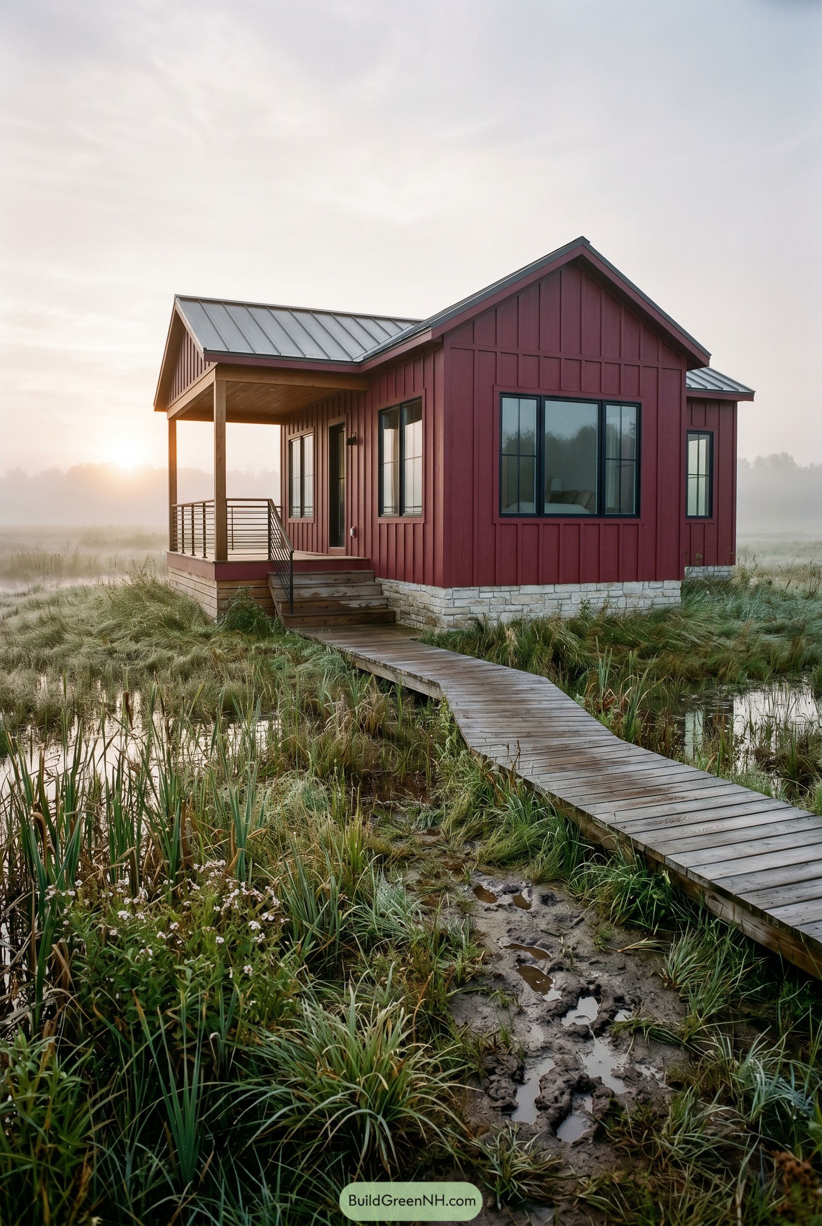 Deep red cottage with boardwalk in marsh