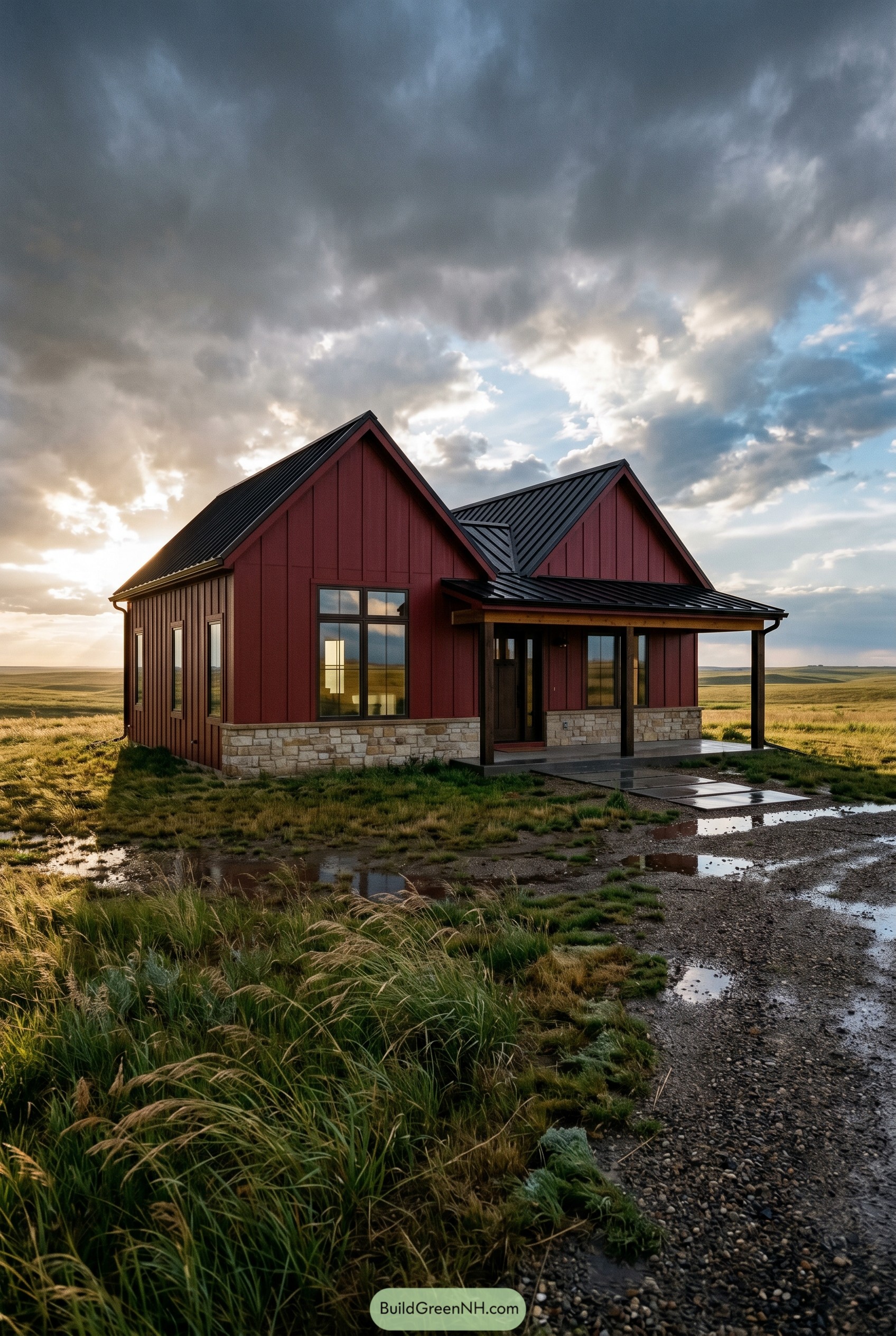 Deep red modern cottage in open grassland