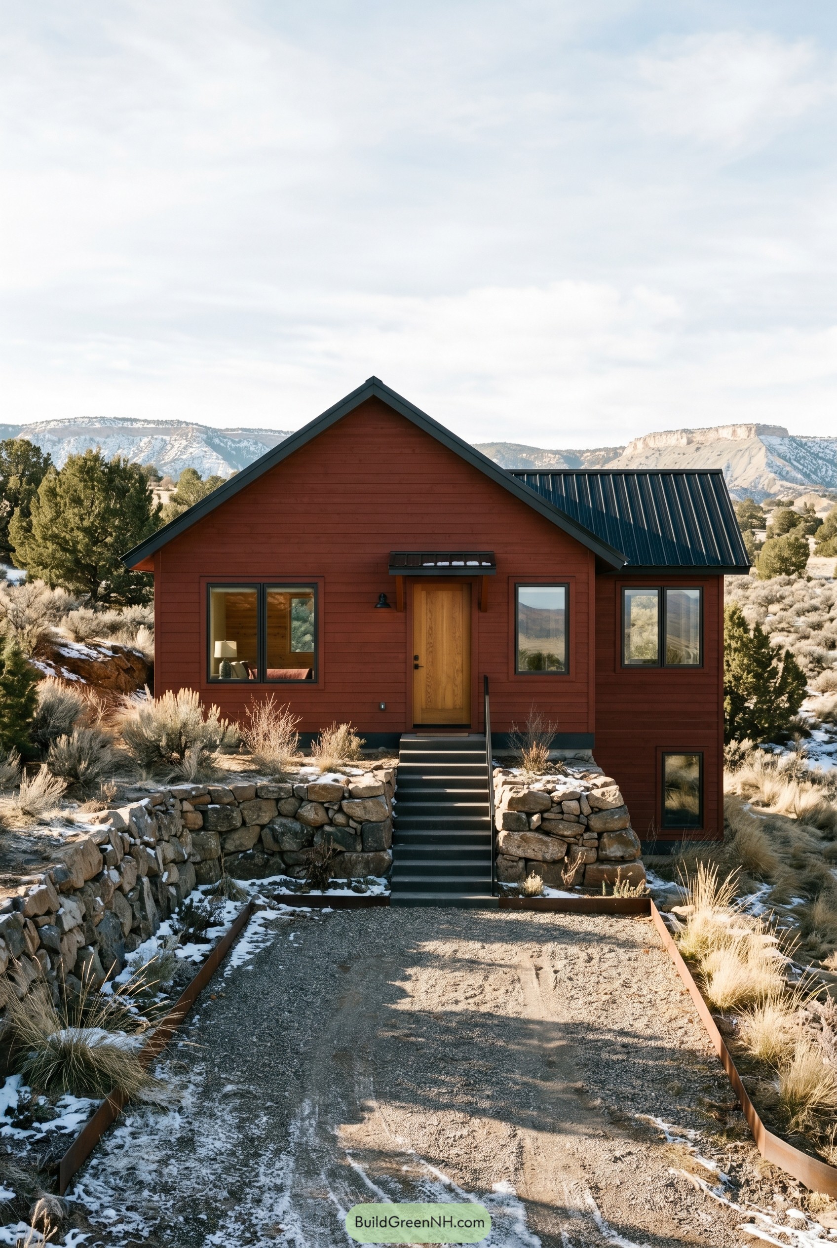 Deep red cottage with black metal roof