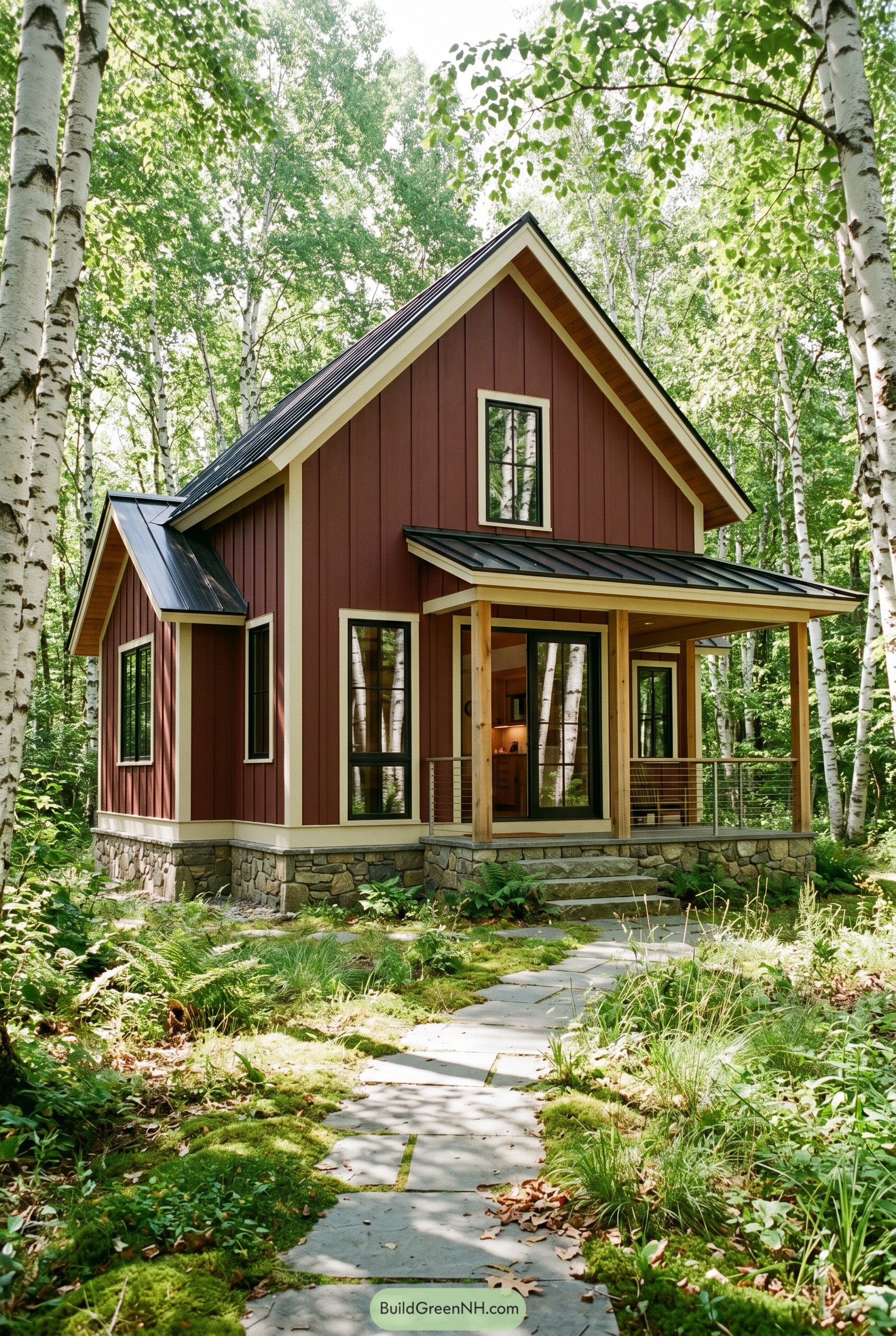 Deep red cottage with porch in birch woods