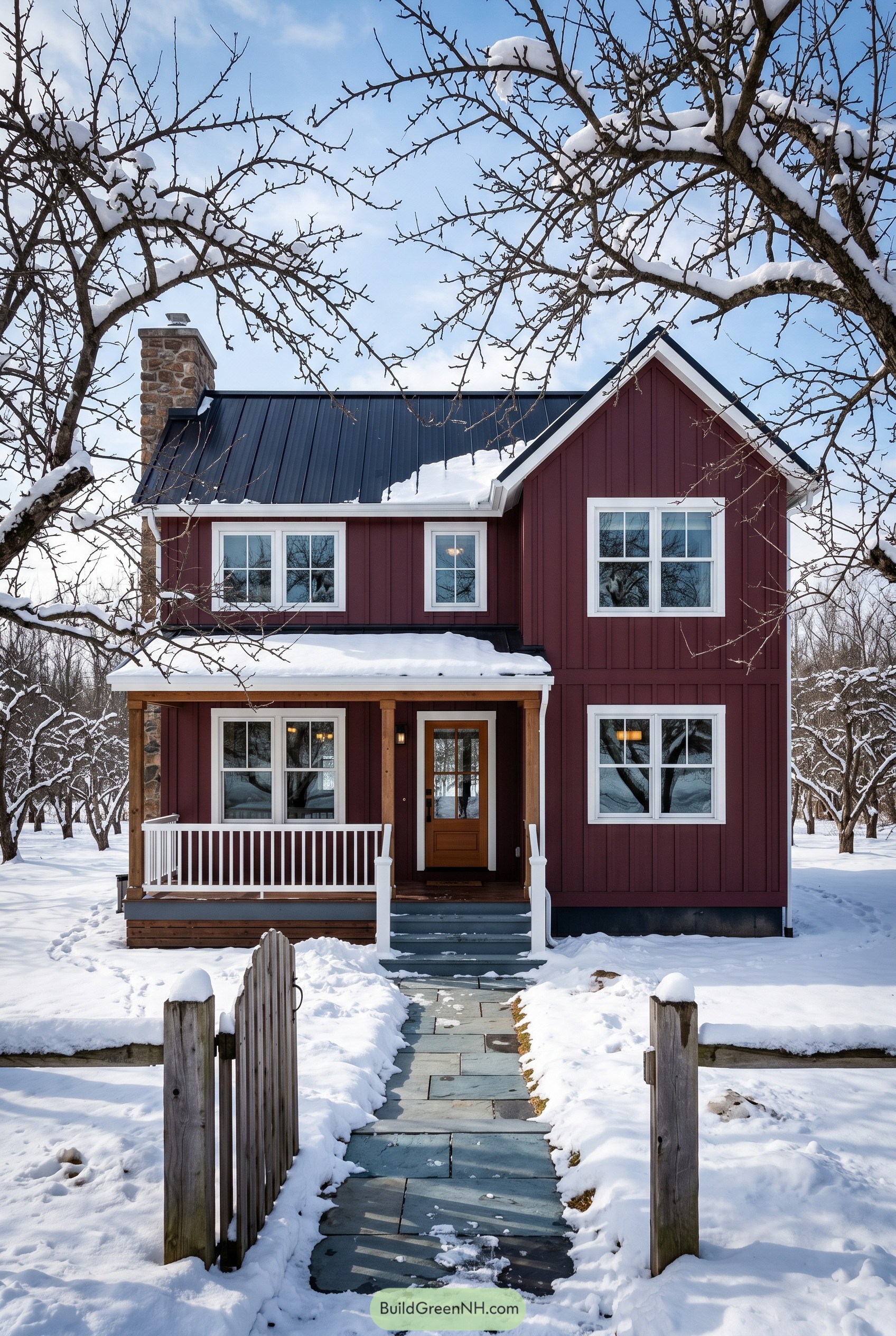 Deep red farmhouse in snowy orchard