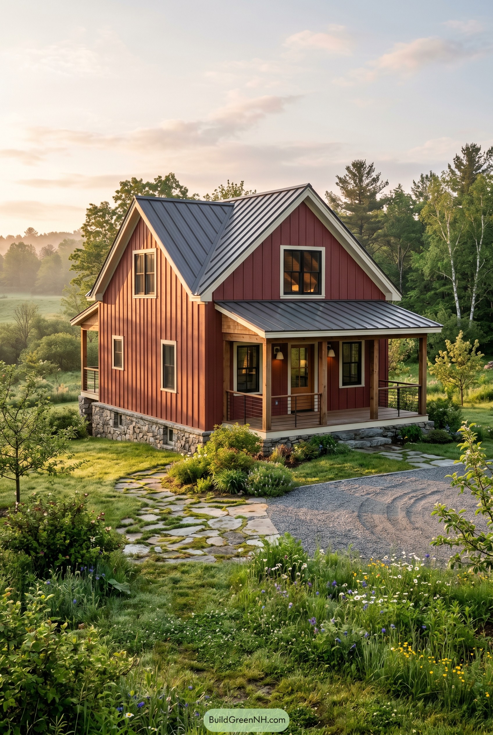 Deep red cottage with porch and metal roof