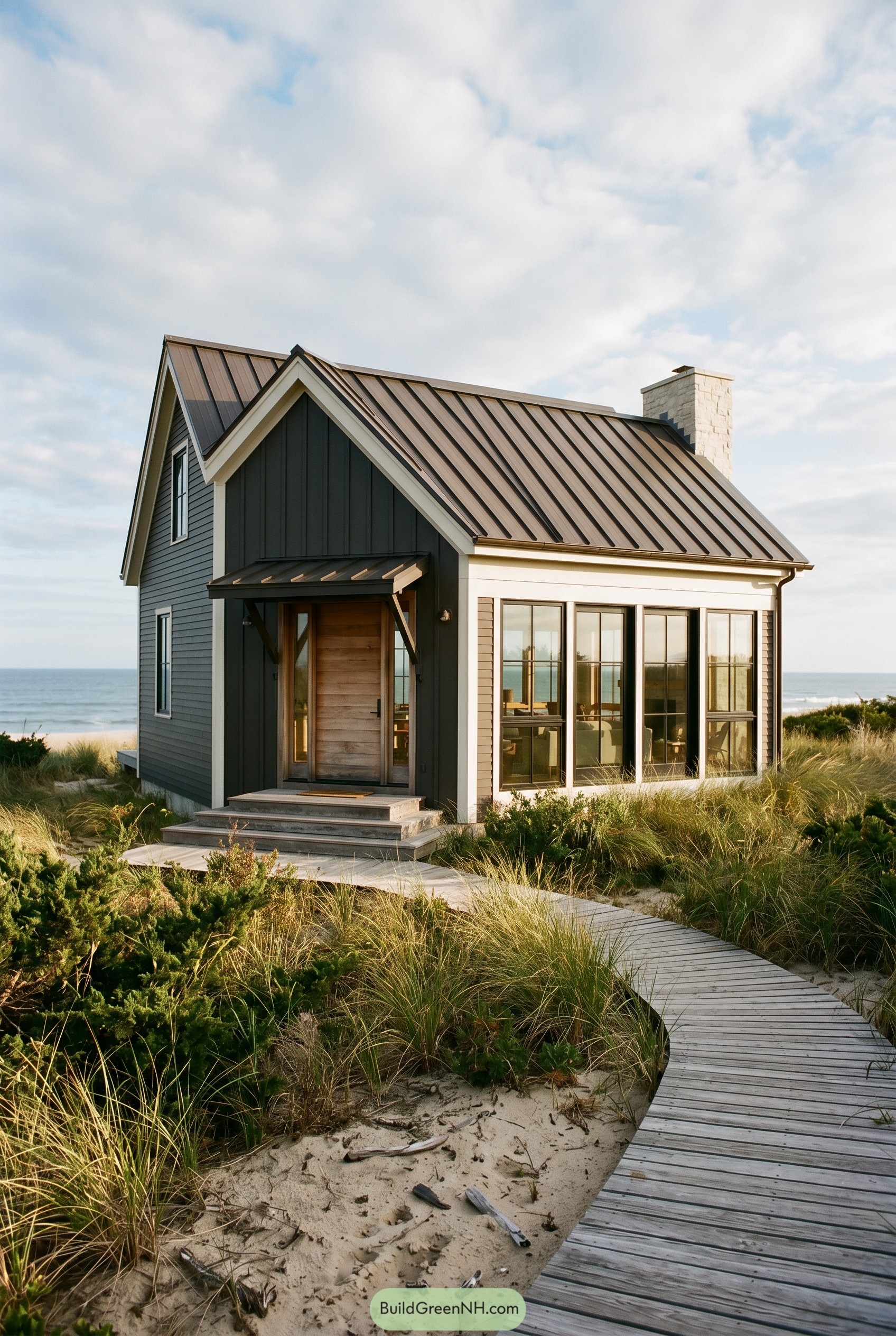 Bronze coastal cottage beside dunes
