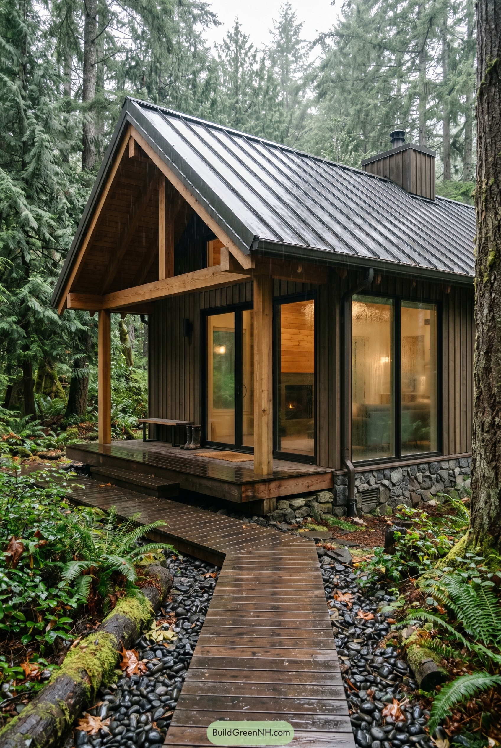 Modern bronze cottage in rainy forest