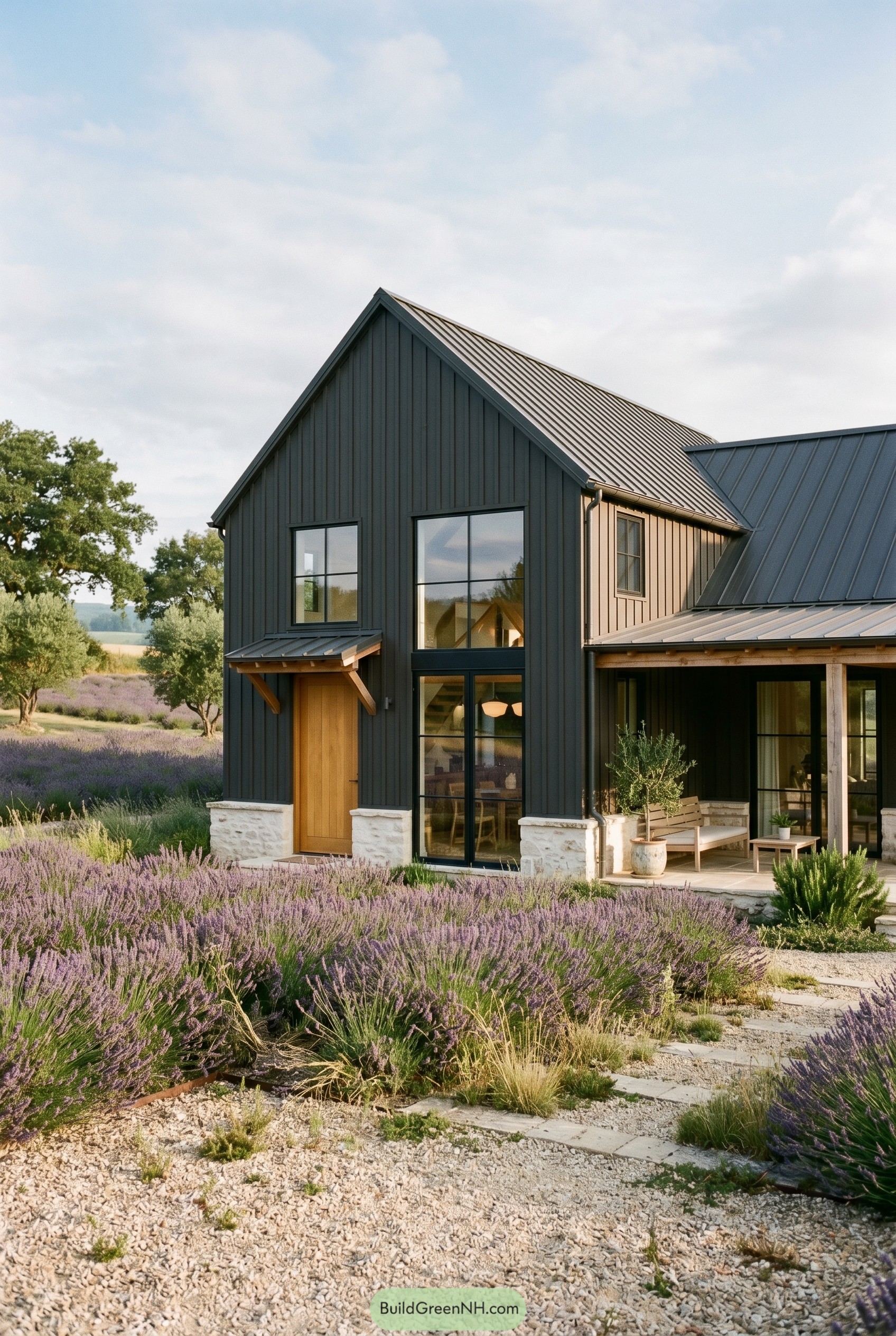 Bronze modern cottage beside lavender garden