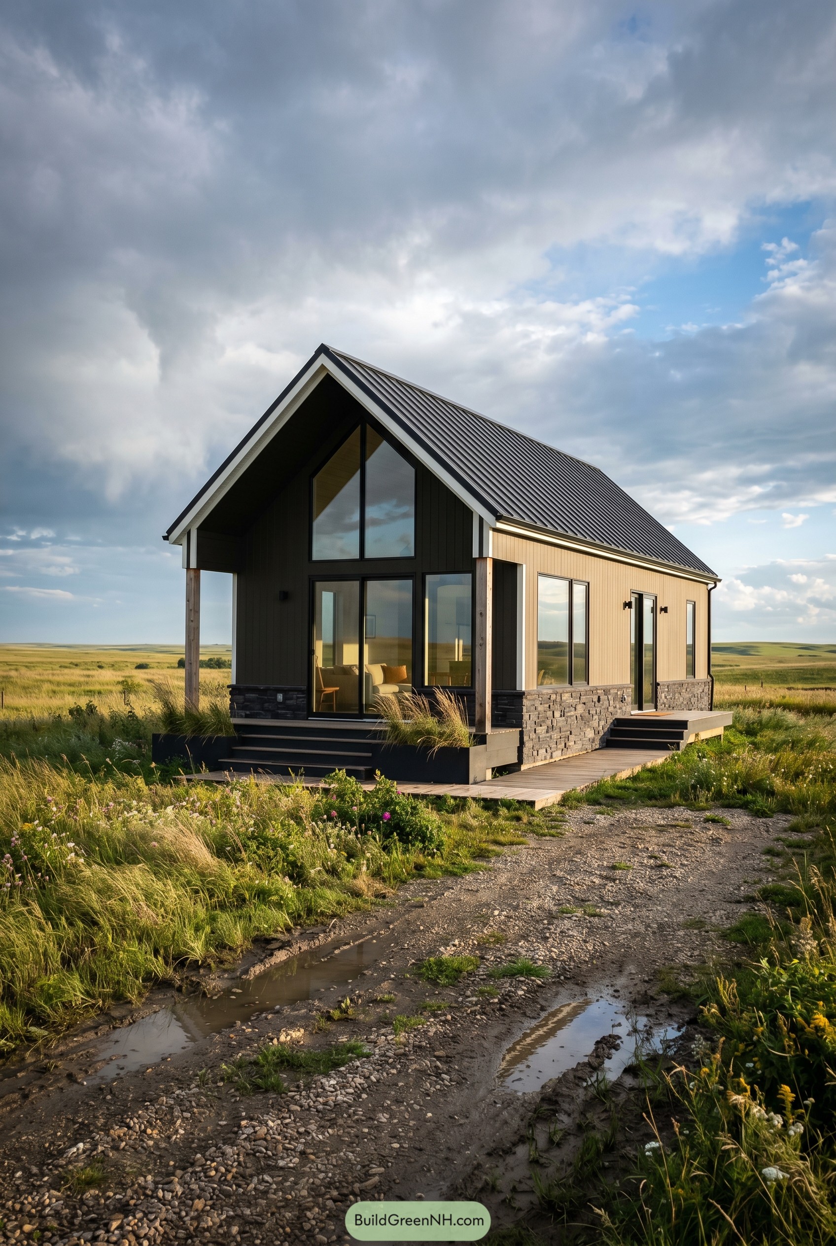 Modern bronze gabled cottage in open grassland