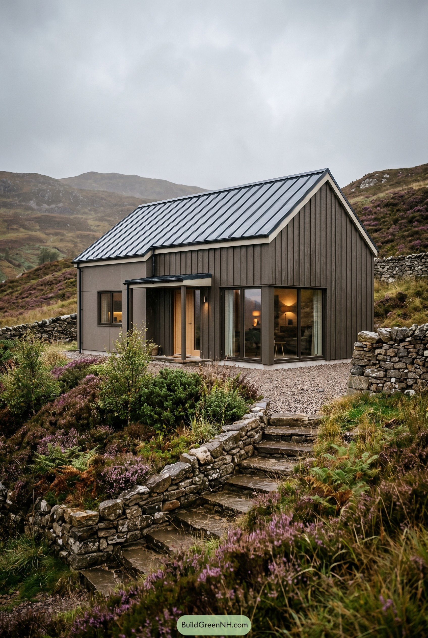 Modern bronze cottage on a heather hillside