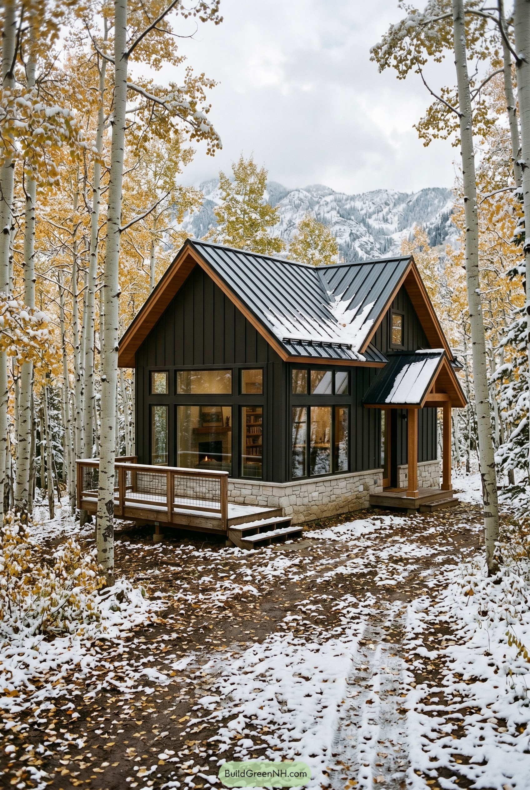 Dark bronze cottage in snowy aspen grove