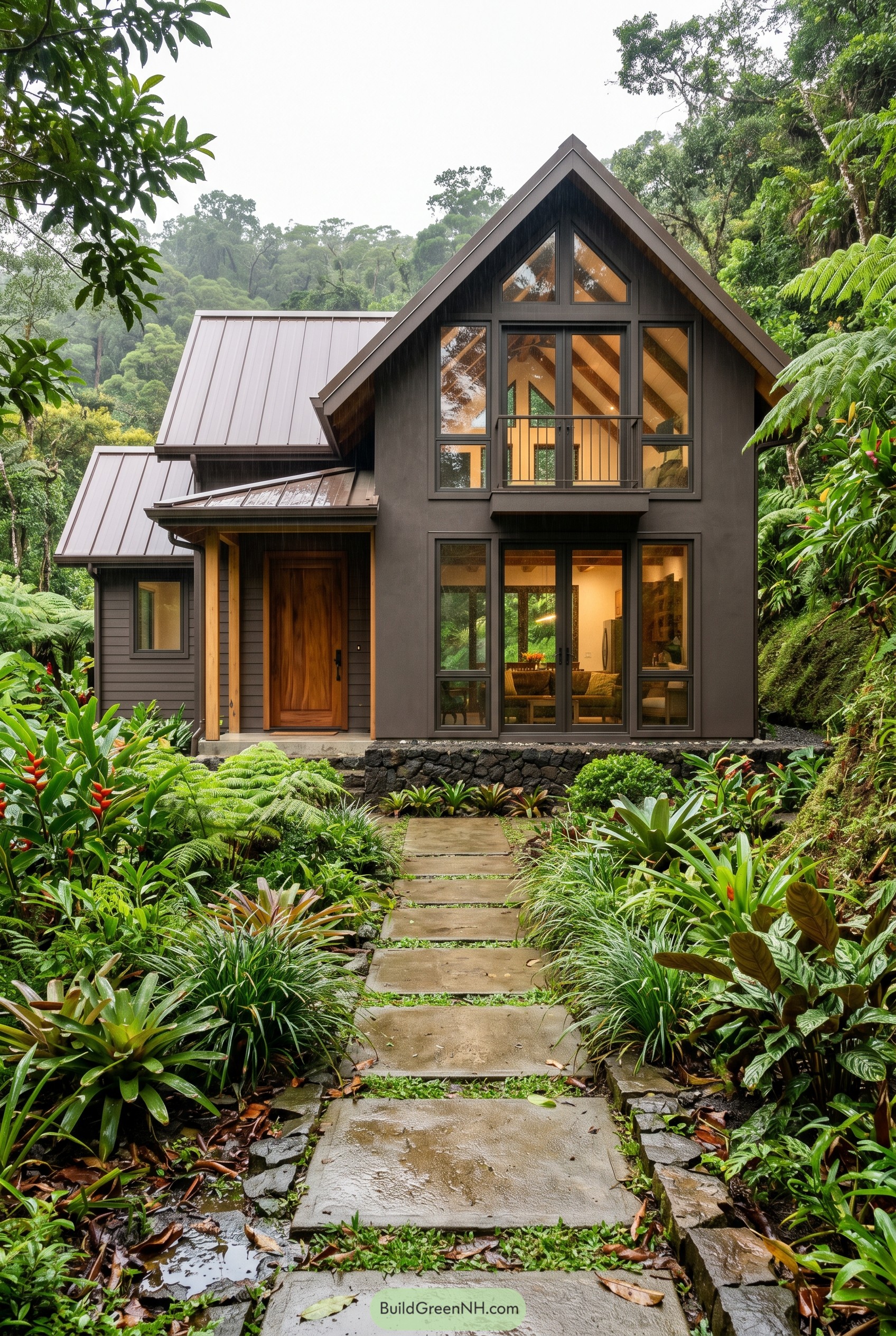 Bronze gabled cottage in tropical garden