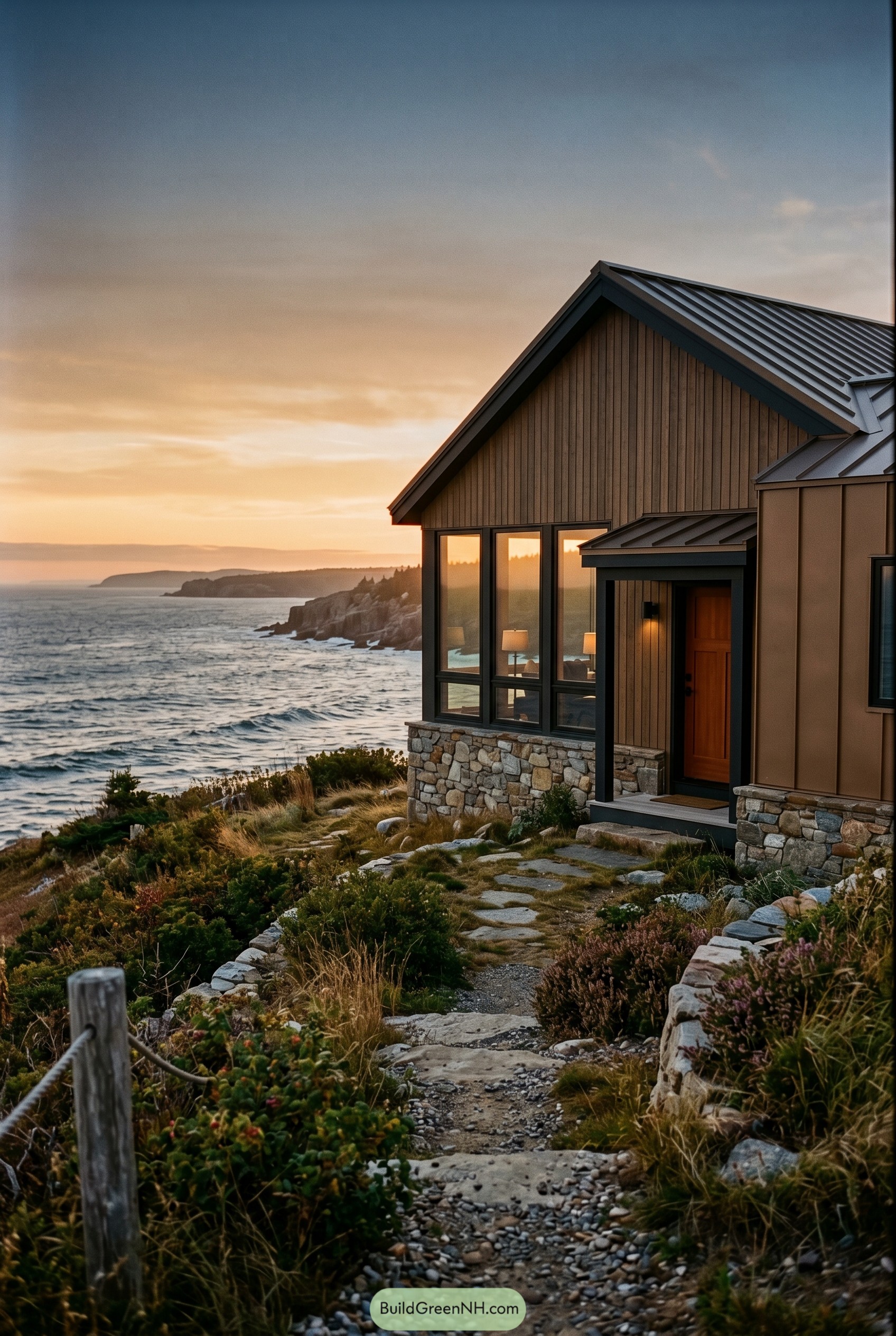 Bronze coastal cottage on a rocky bluff
