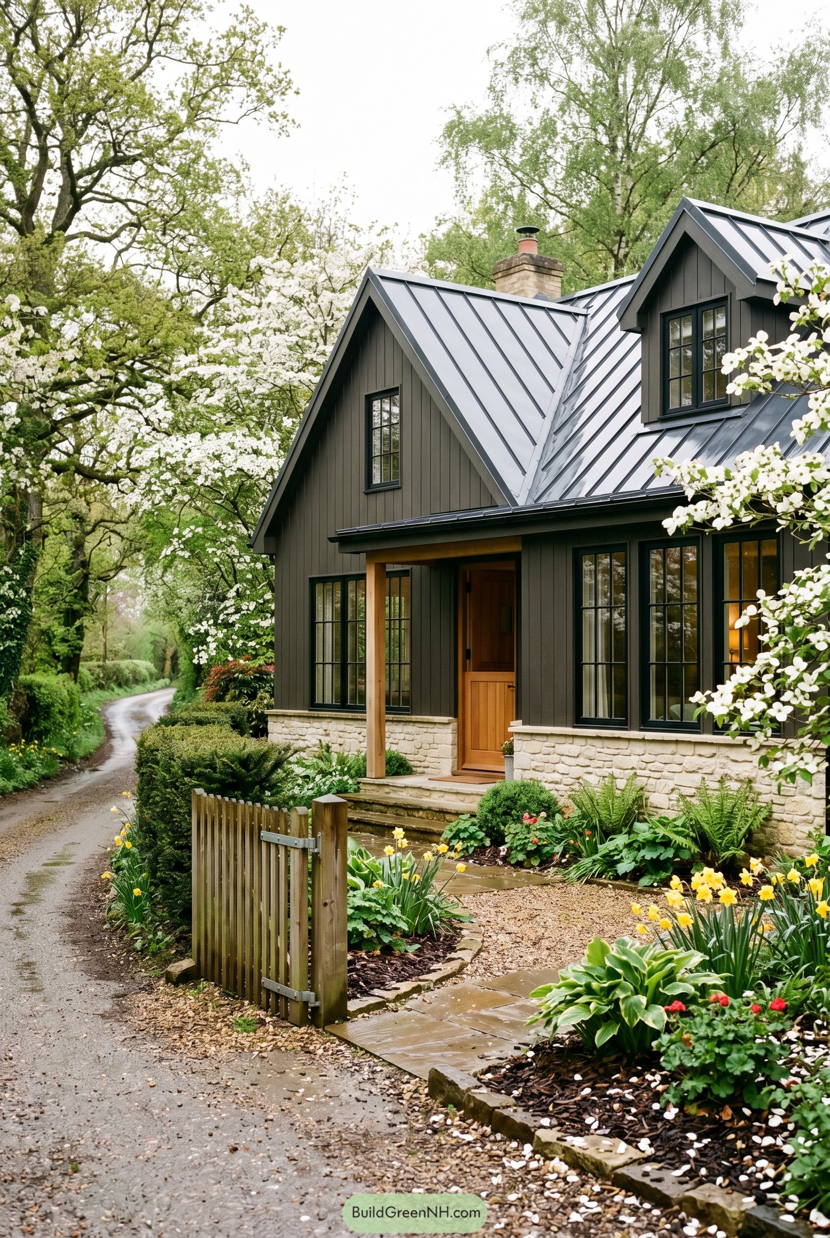 Bronze cottage with metal roof and spring garden