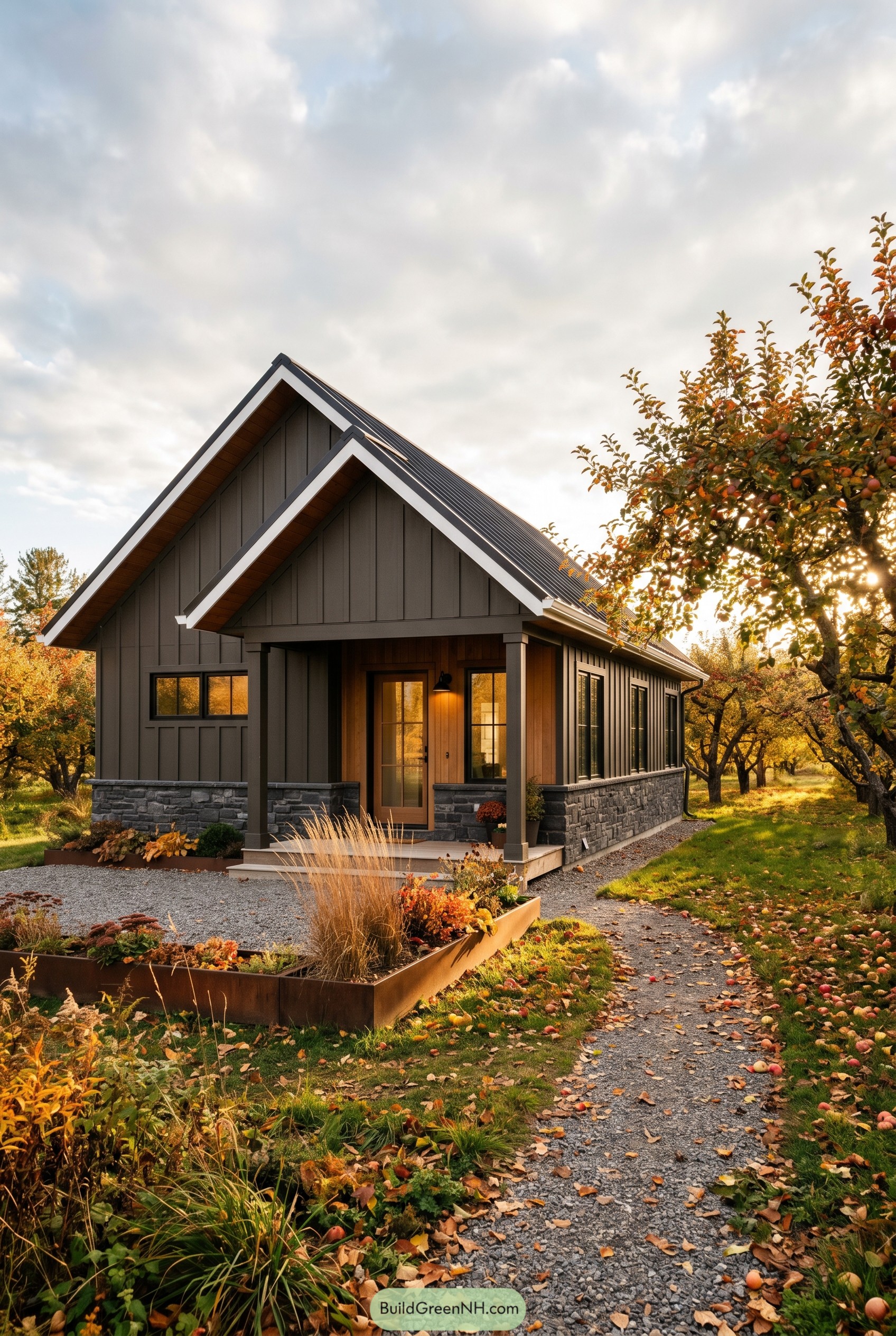 Bronze gabled cottage in an orchard