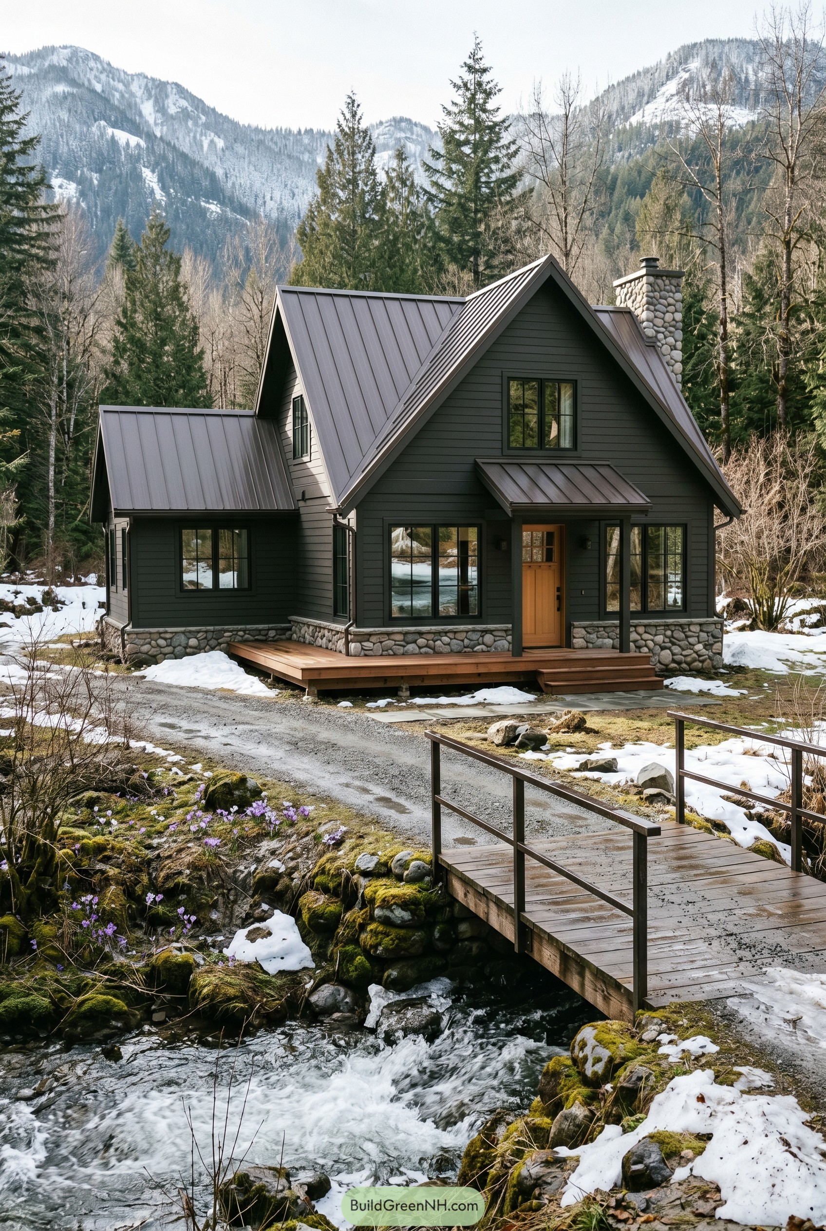 Dark bronze chalet beside a mountain stream