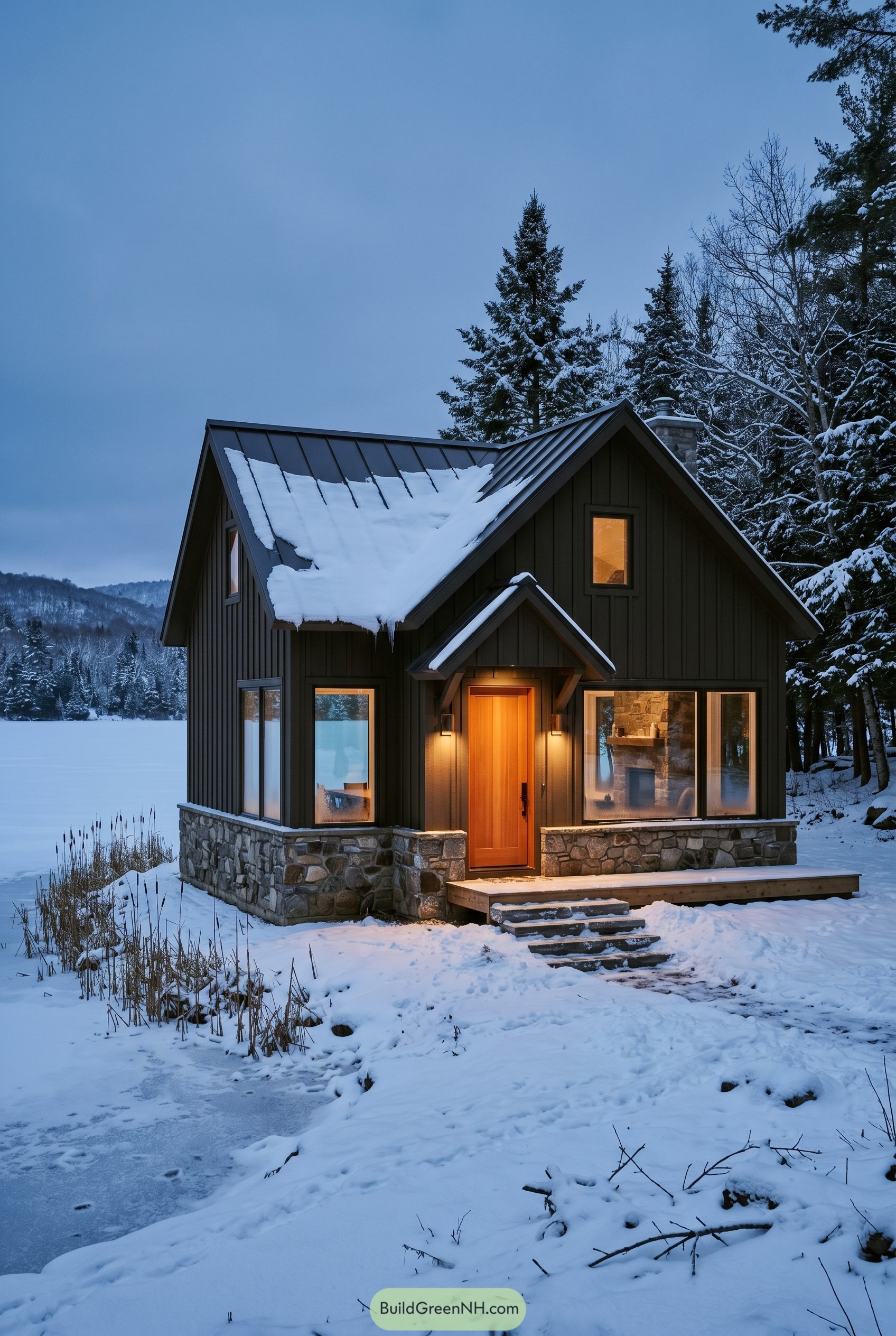 Bronze cottage beside a frozen snowy lake