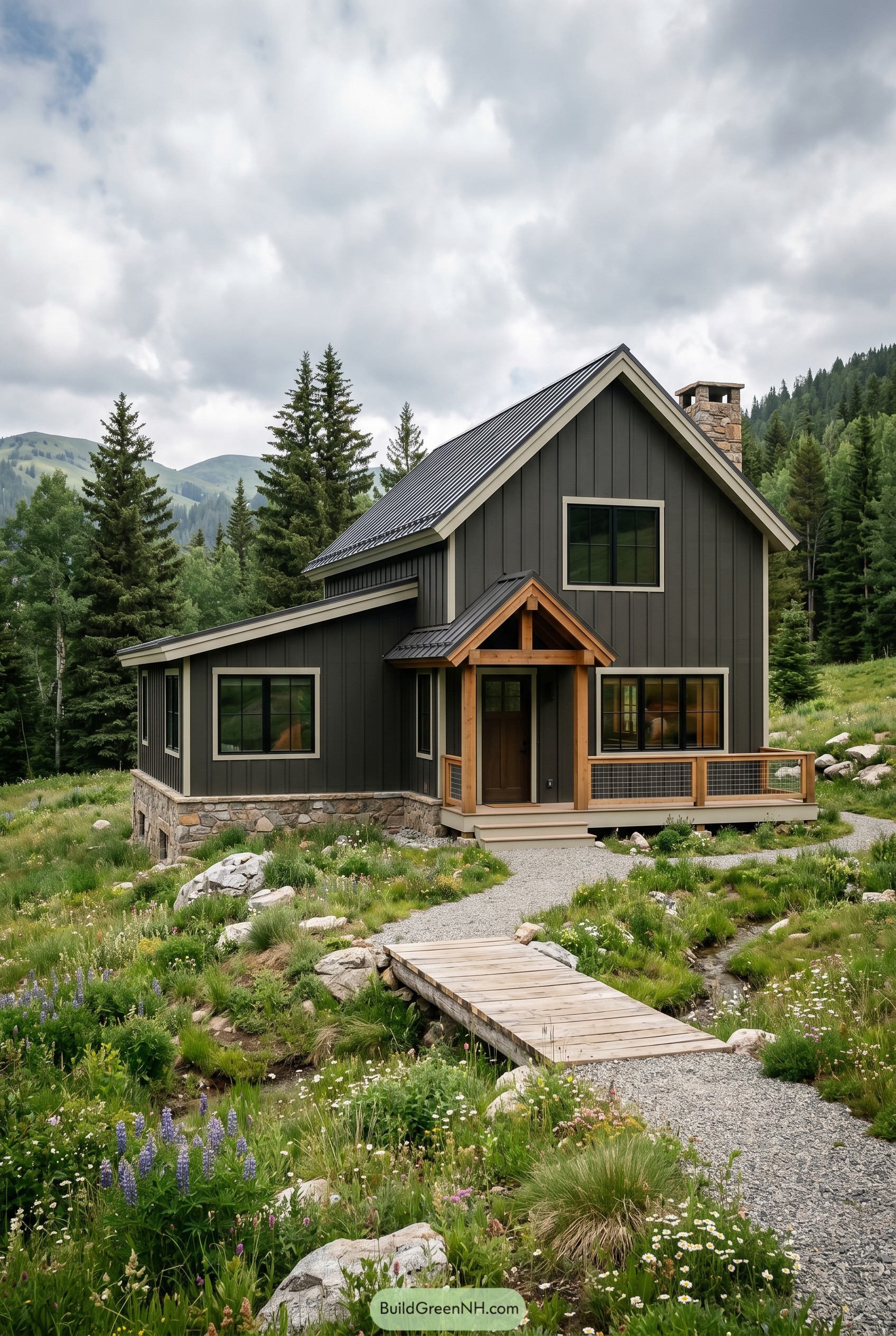Dark bronze gabled cottage in mountain meadow