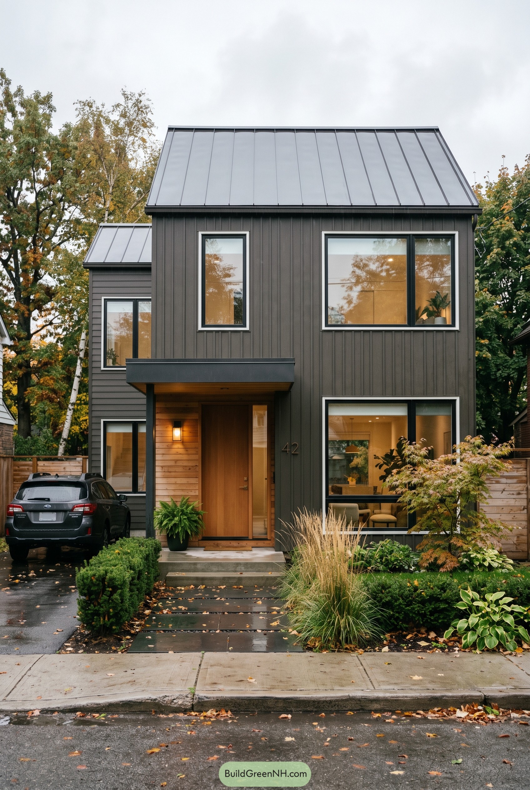 Modern bronze cottage with metal gable roof