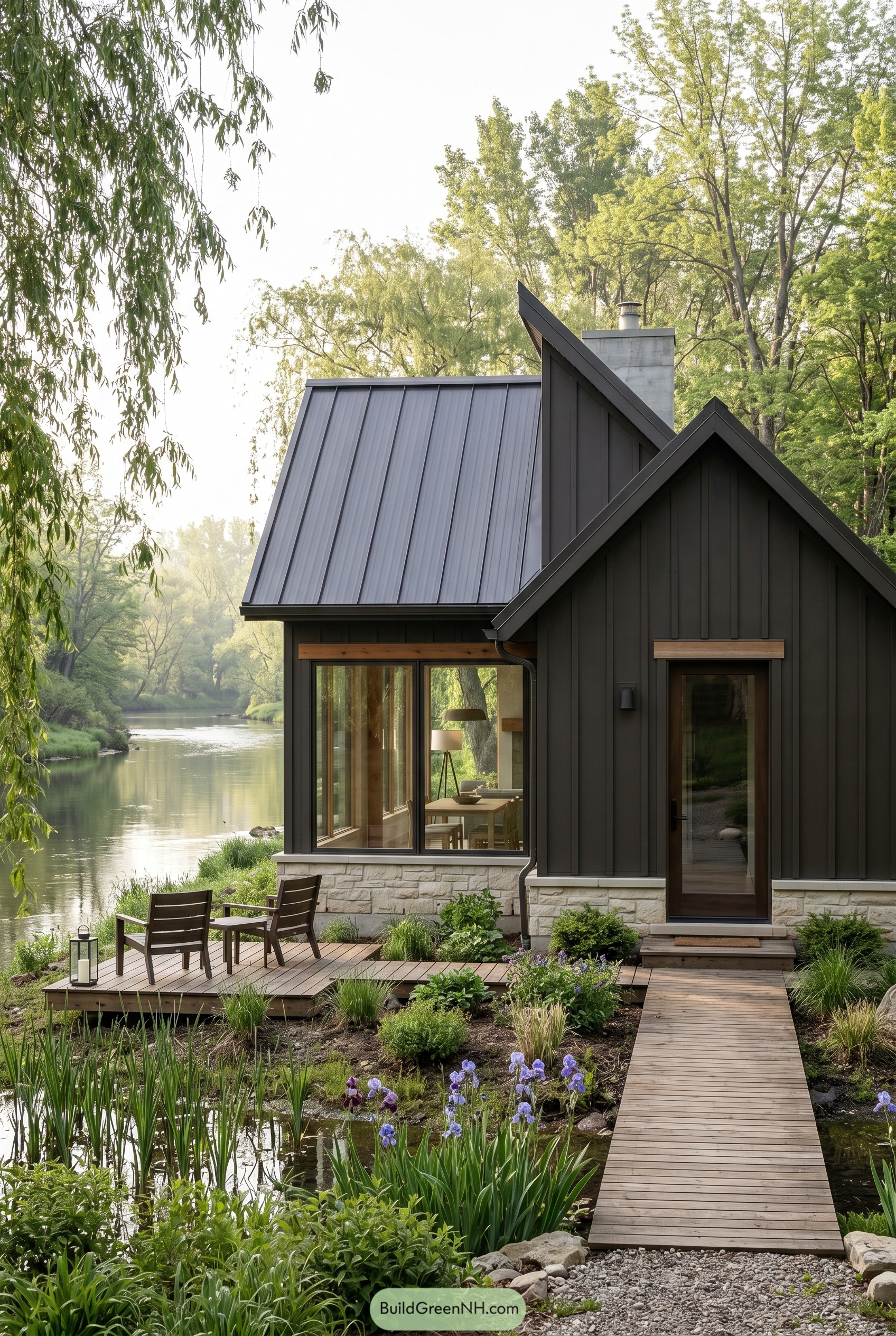 Modern bronze cottage beside a calm river