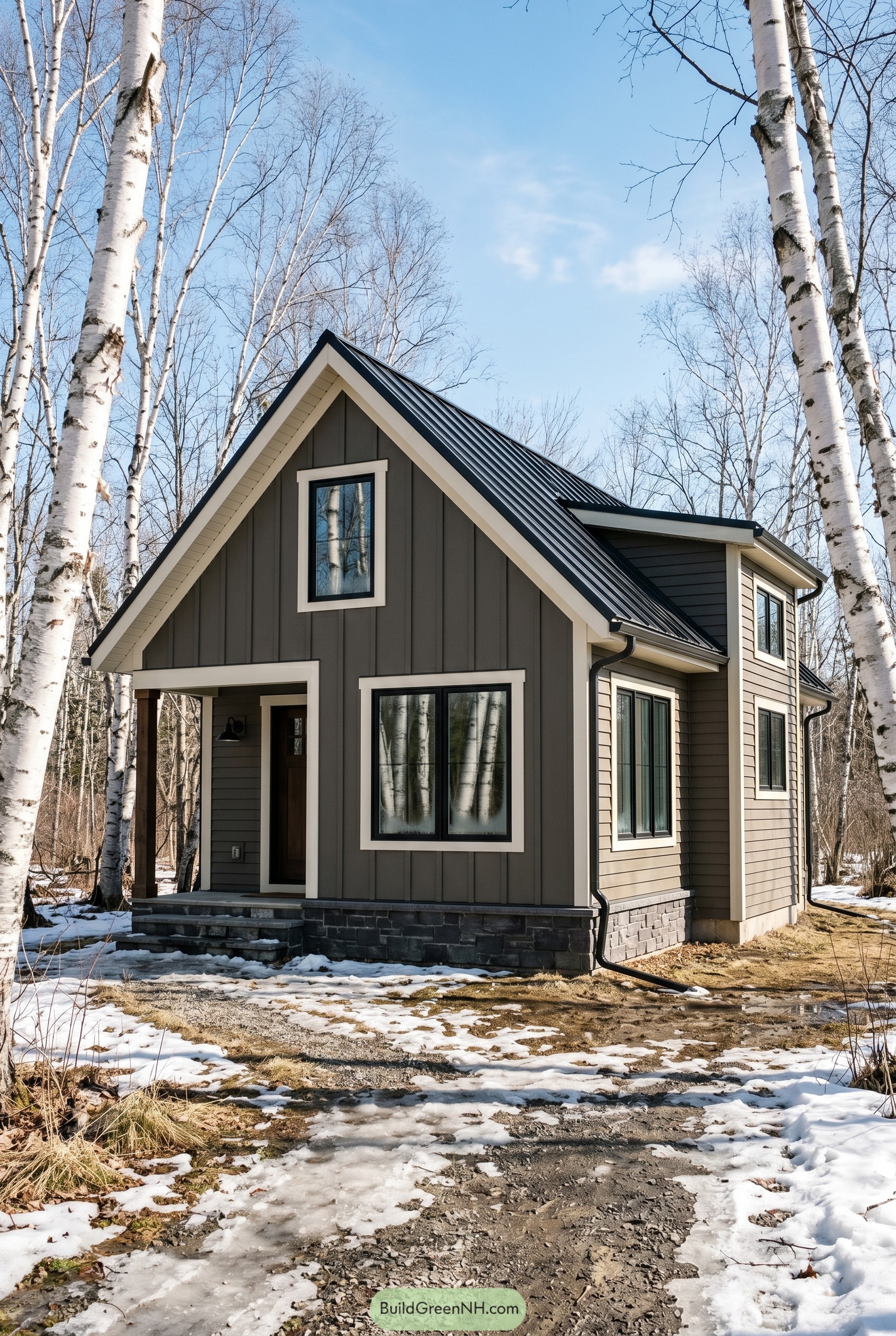 Modern bronze cottage among birch trees