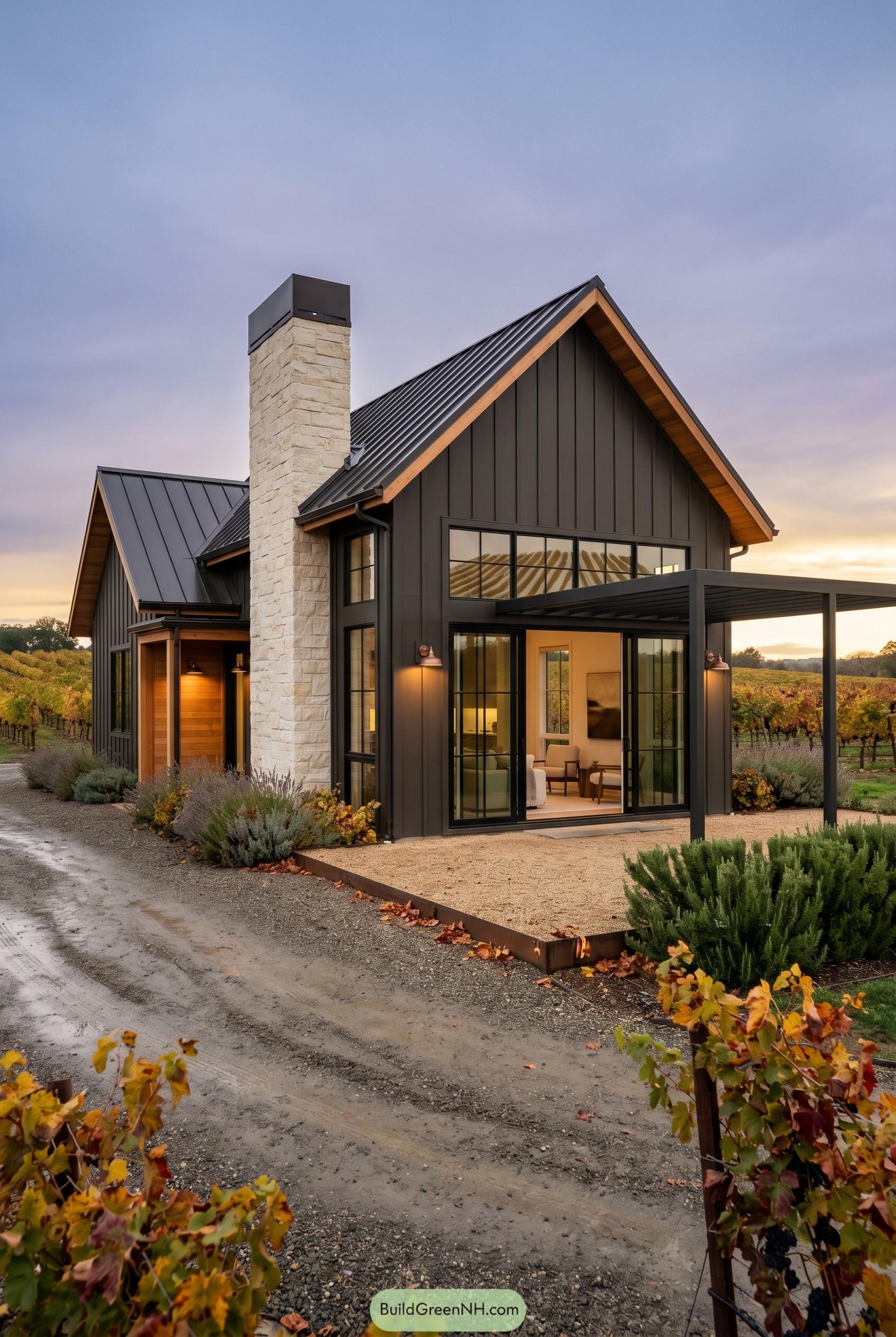 Bronze gabled cottage beside vineyard
