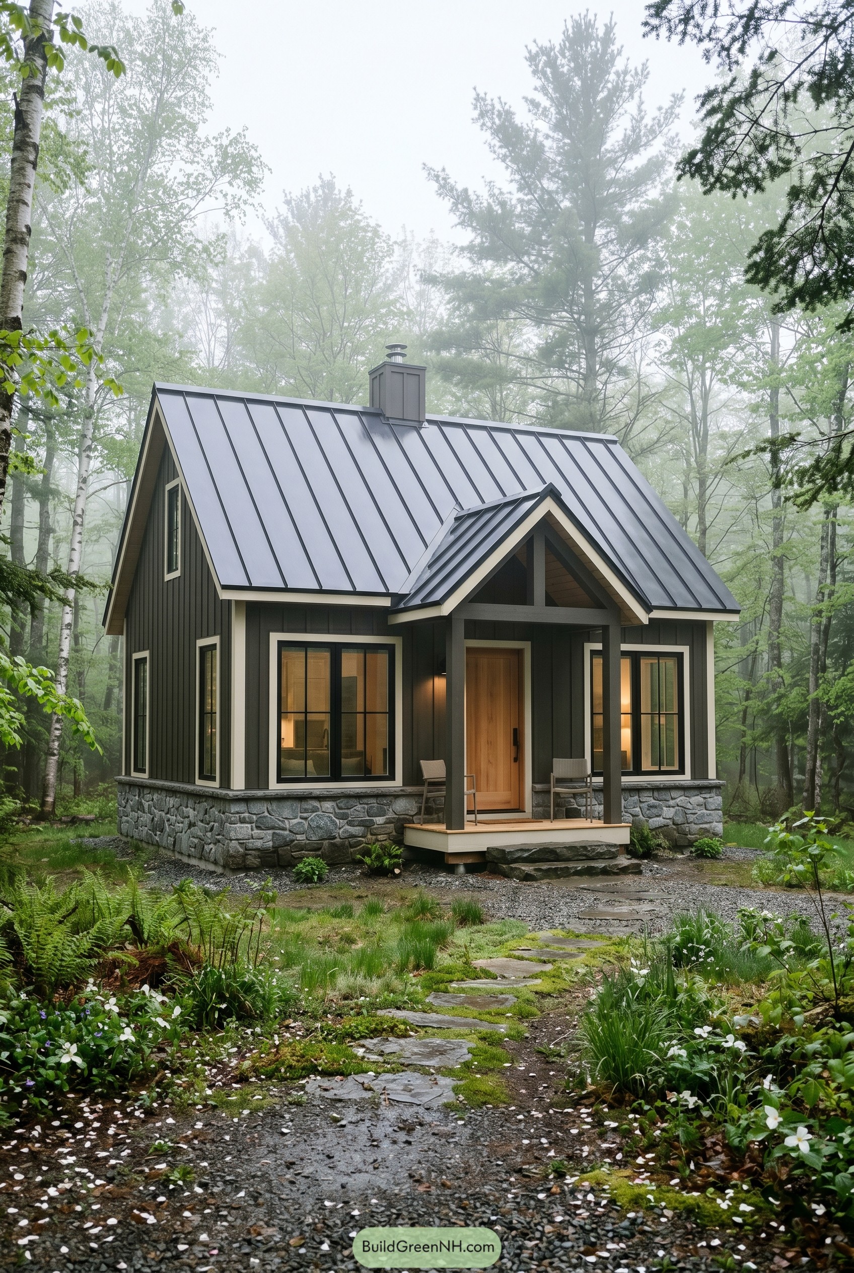 Bronze cottage with metal roof in misty woods