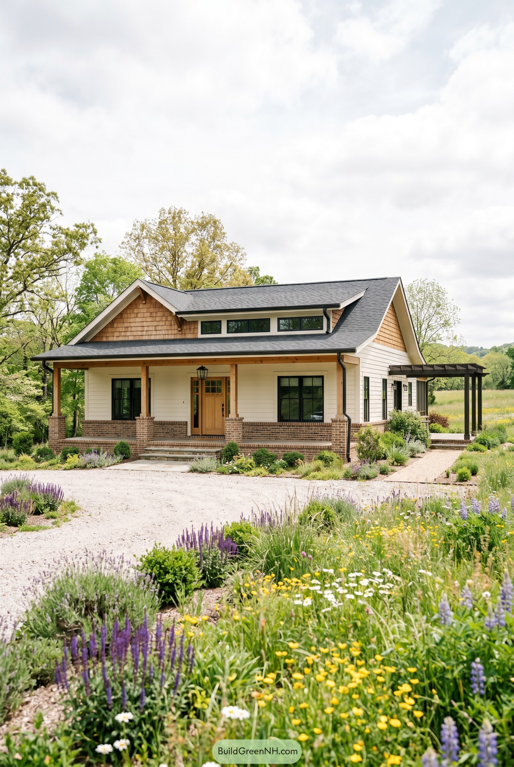 White craftsman ranch with deep porch and meadow garden