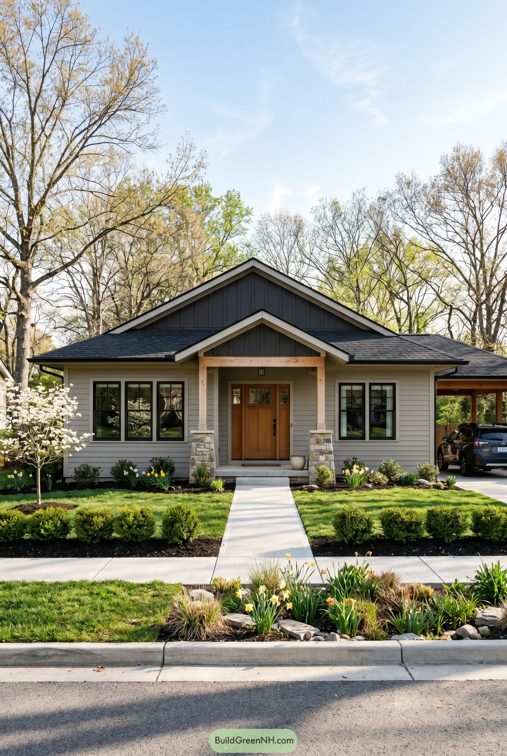 Gray craftsman ranch with black gables and stone porch posts