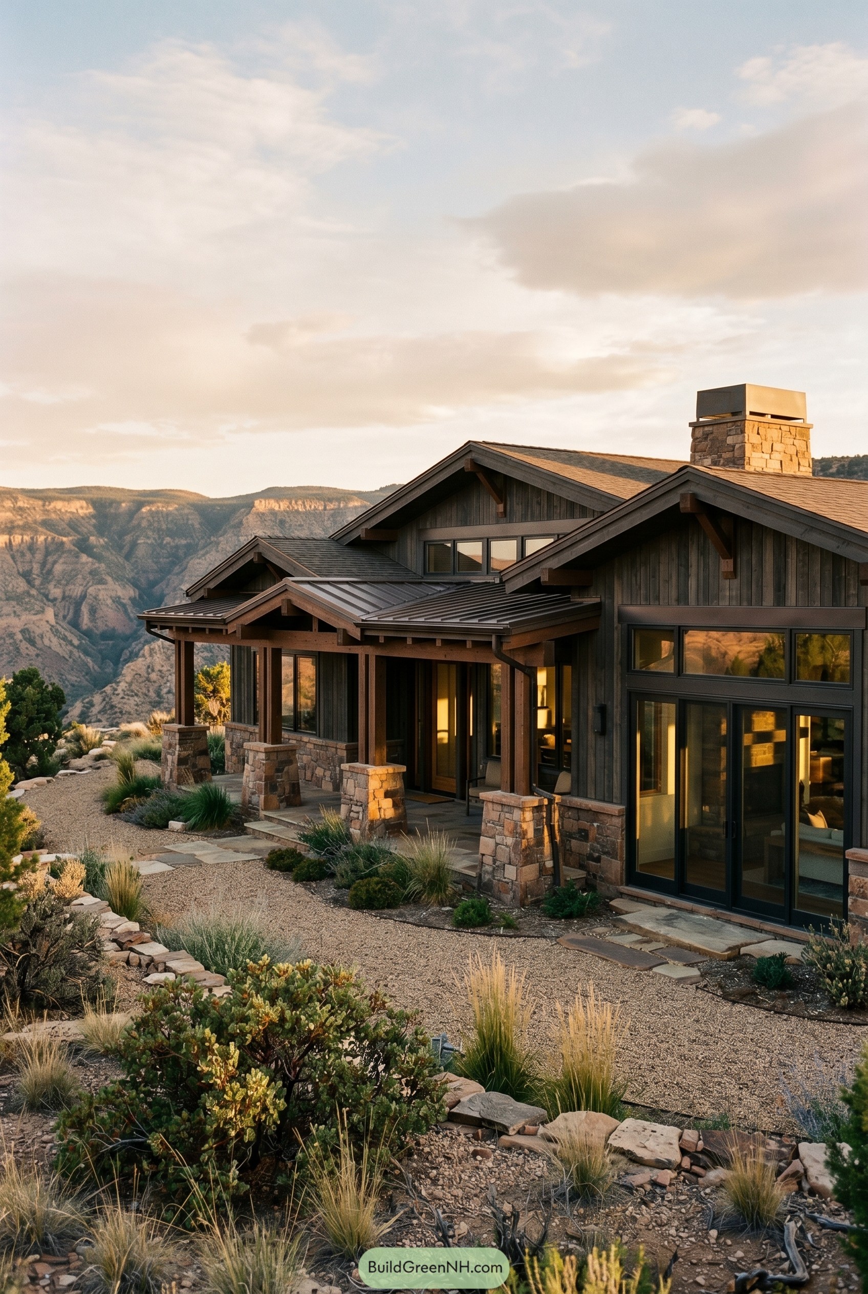 Dark timber ranch with stone porch in canyon setting