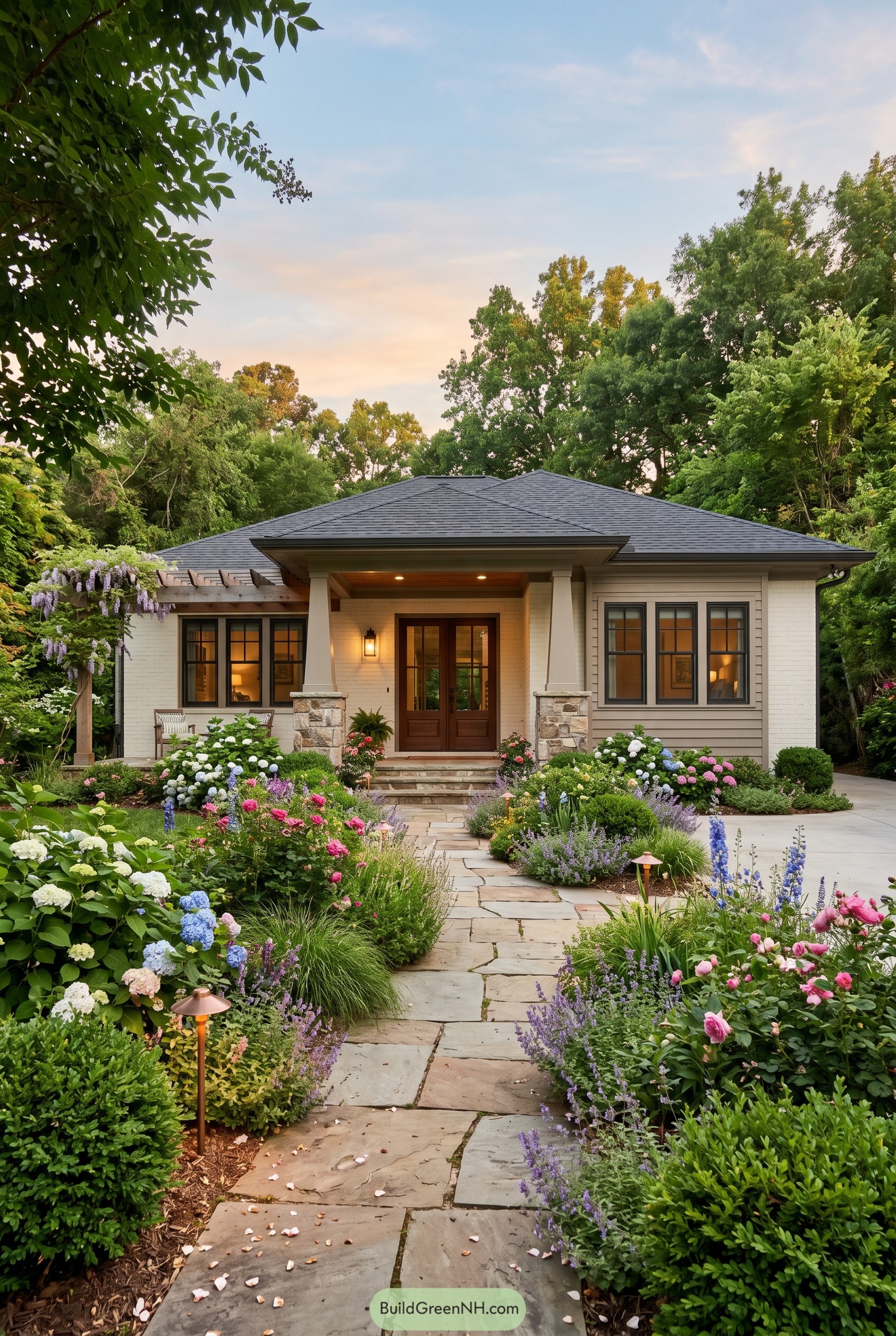 Craftsman ranch with flower-lined stone path