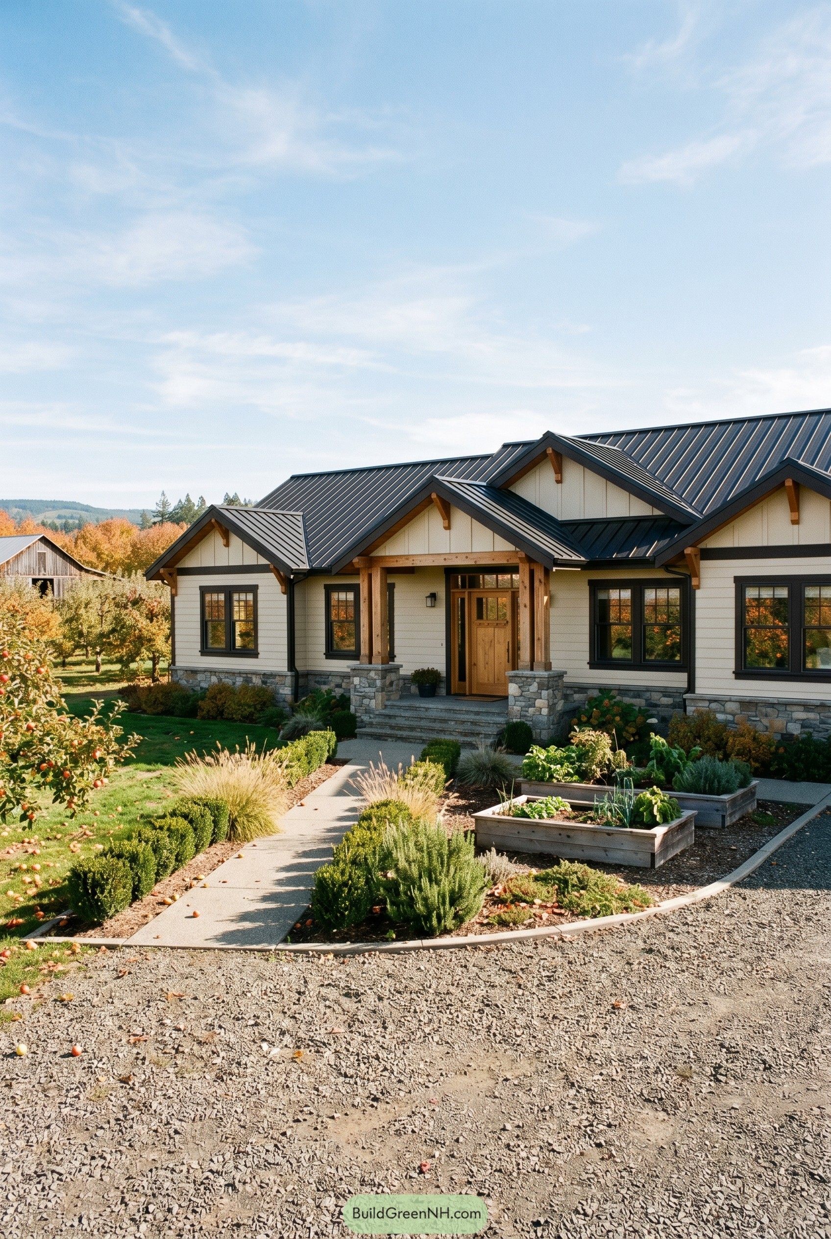 Modern craftsman ranch with black roof and orchard