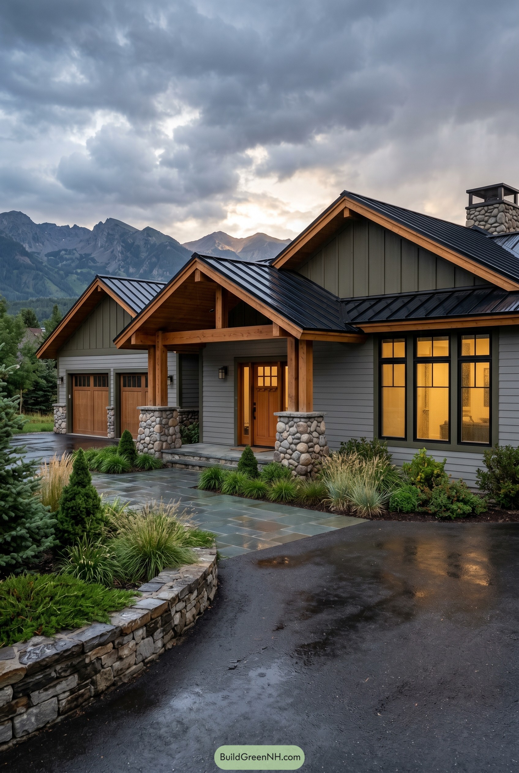 Modern craftsman ranch with dark metal roof and stone porch columns
