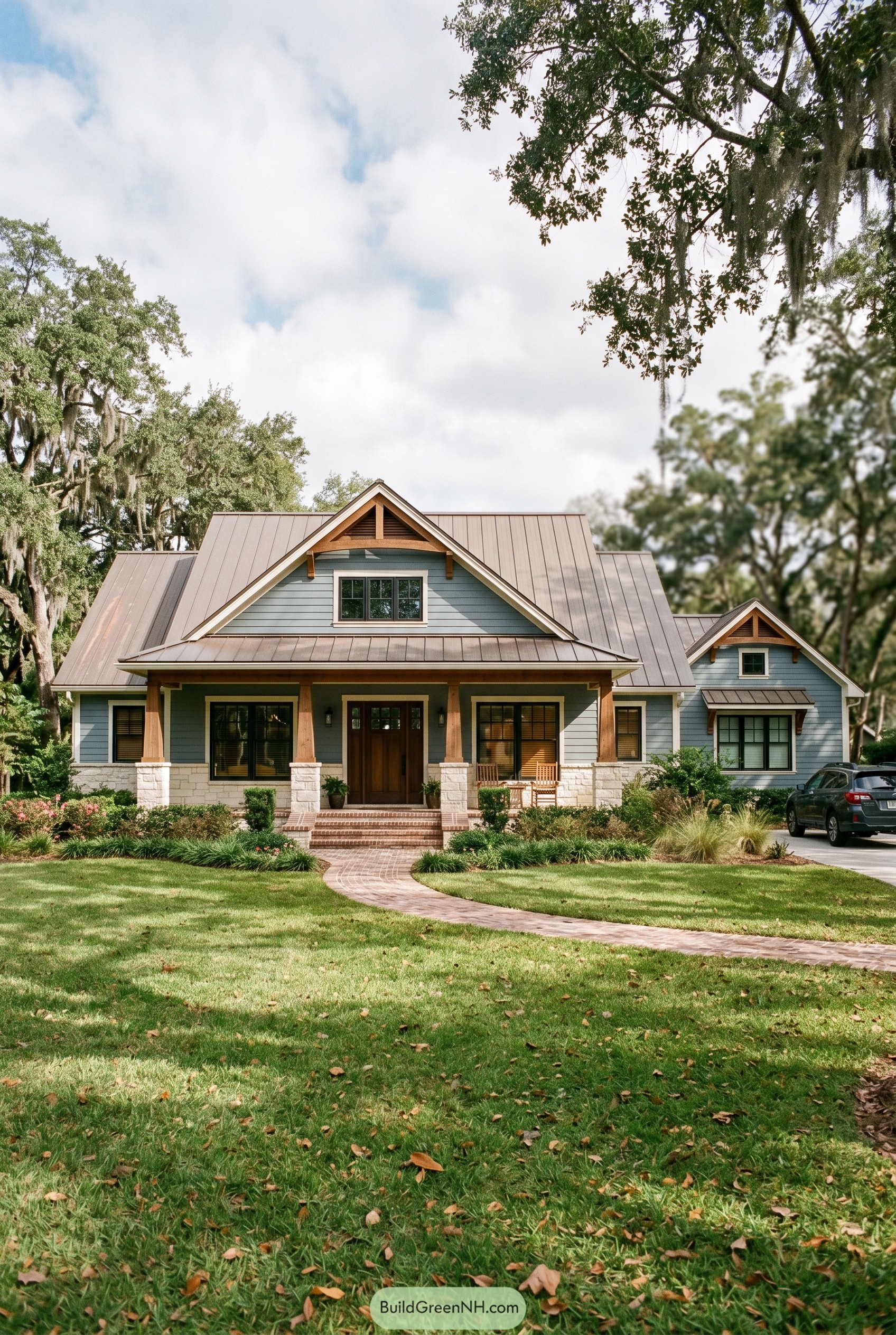Blue craftsman ranch with metal roof and deep porch